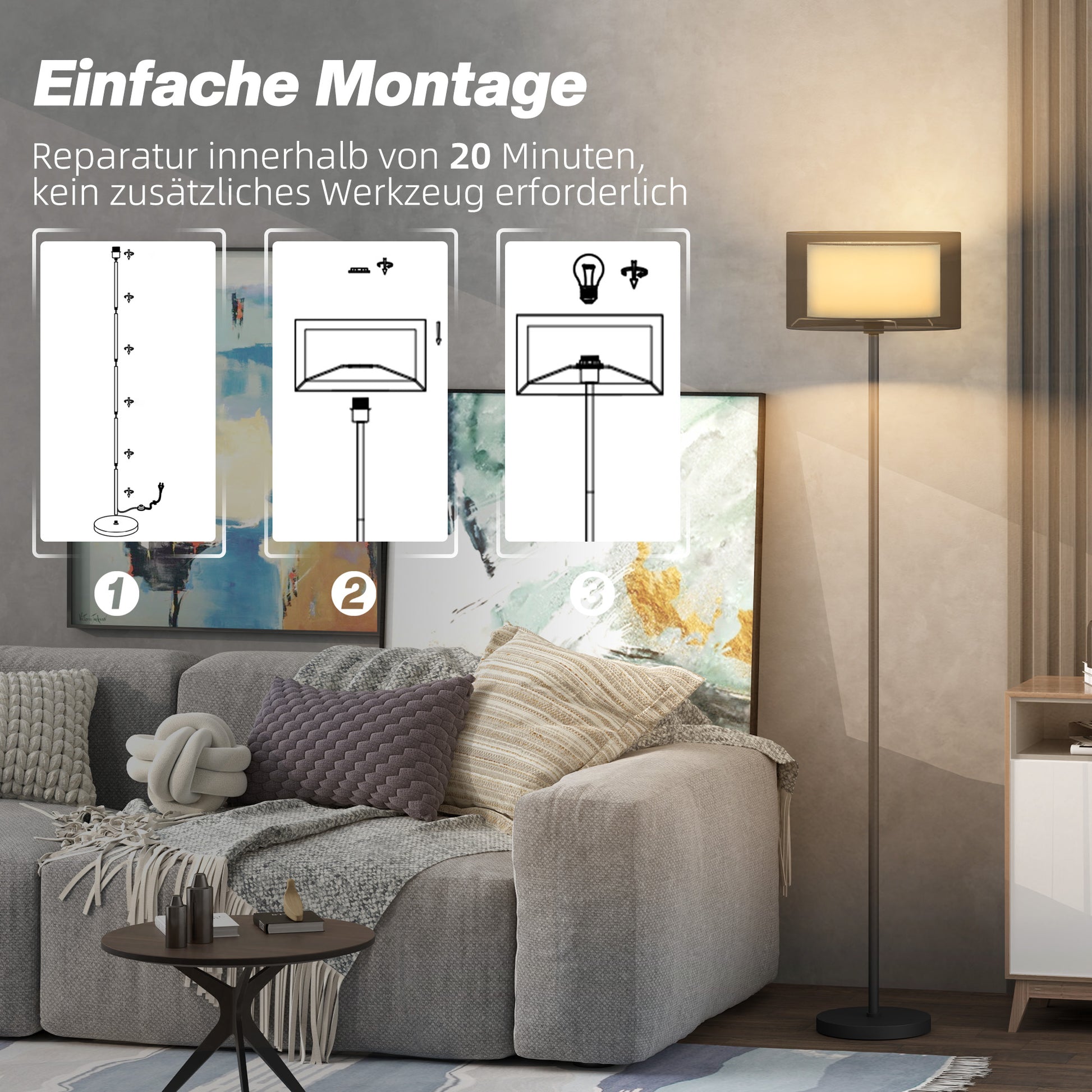 Stehlampe, zweifarbiger Lampenschirm, Fußschalter, Metall, Schwarz