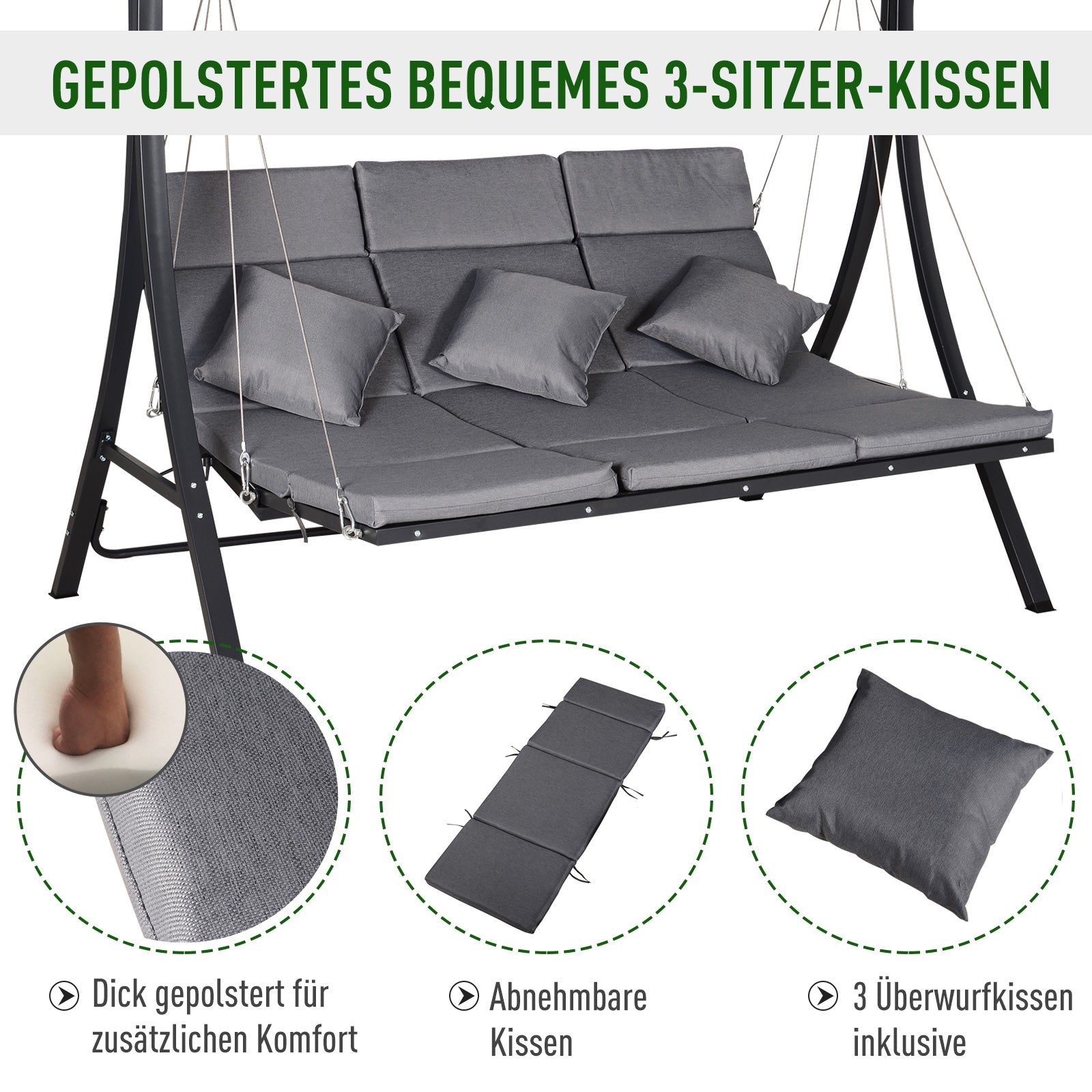 3-Sitzer-Hollywoodschaukel, inkl. Kissen, wetterbeständig, 200 cm x 115 cm x 168 cm