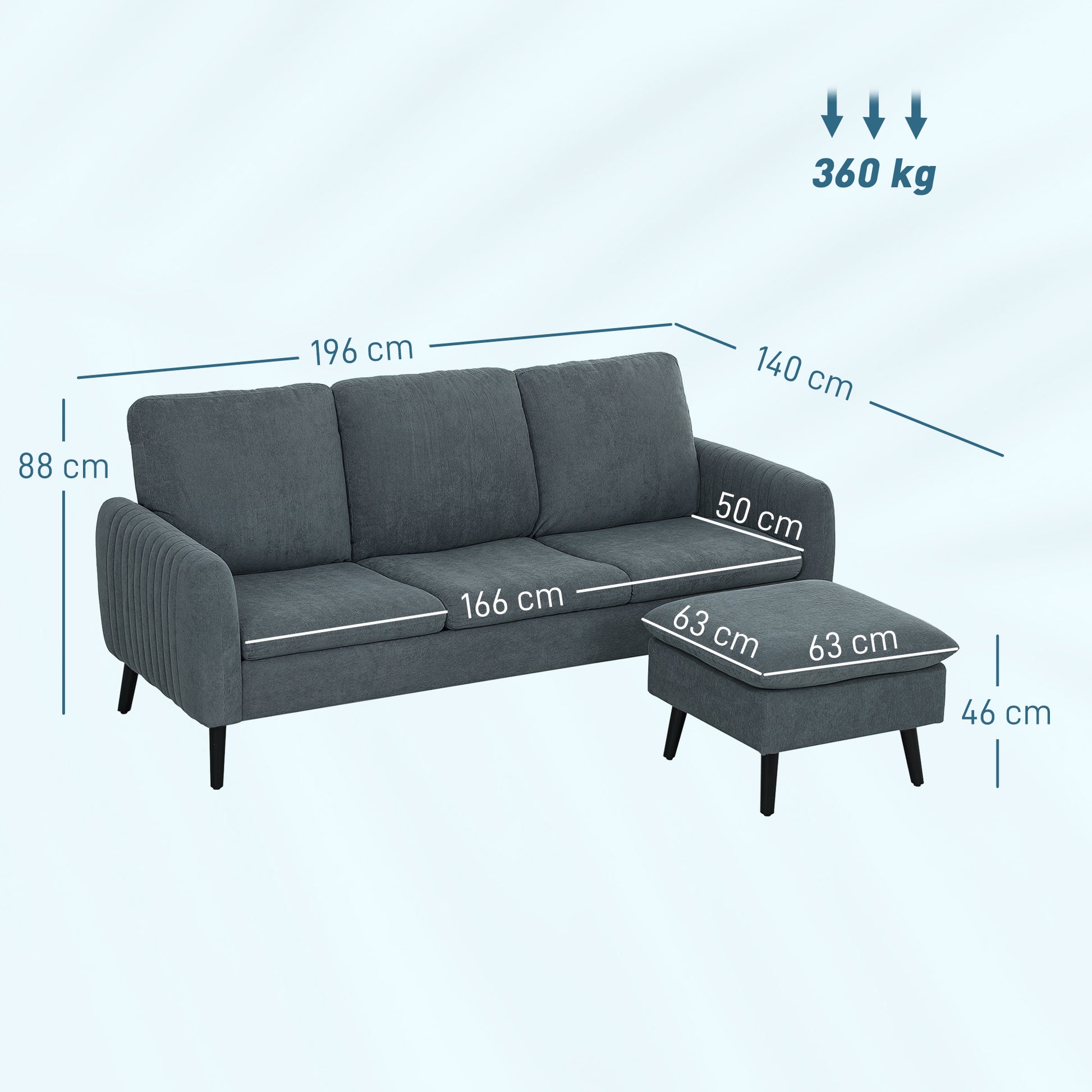 Ecksofa mit Schlaffunktion Sofa mit Fußhocker, 3 Wurfkissen, Eckcouch L-Form 196 x 140 x 88 cm Grau