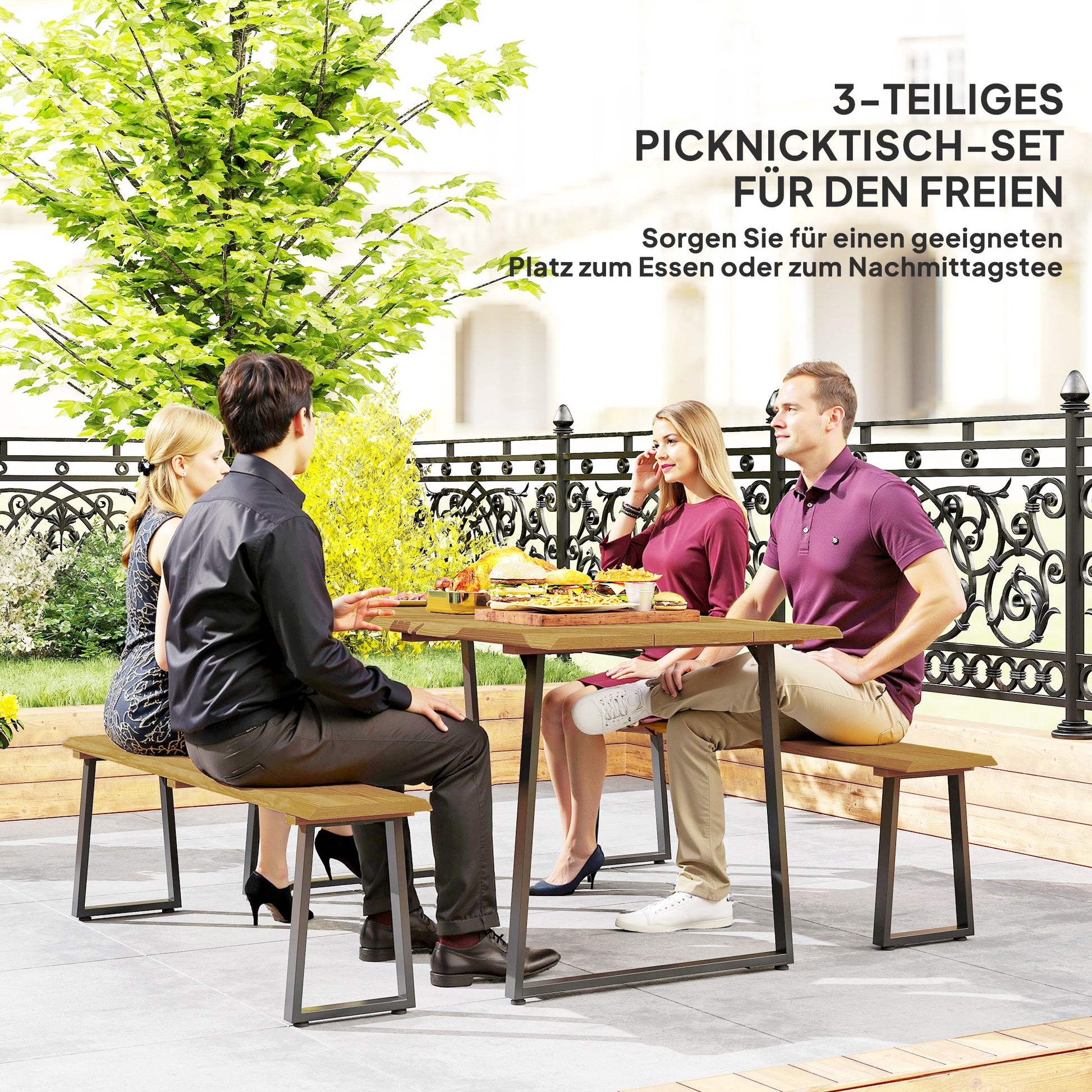 Sitzgruppe 3-teilig Holz für 6 Personen Esstisch mit 2 Bänke Schirmloch Holztisch Naturholz