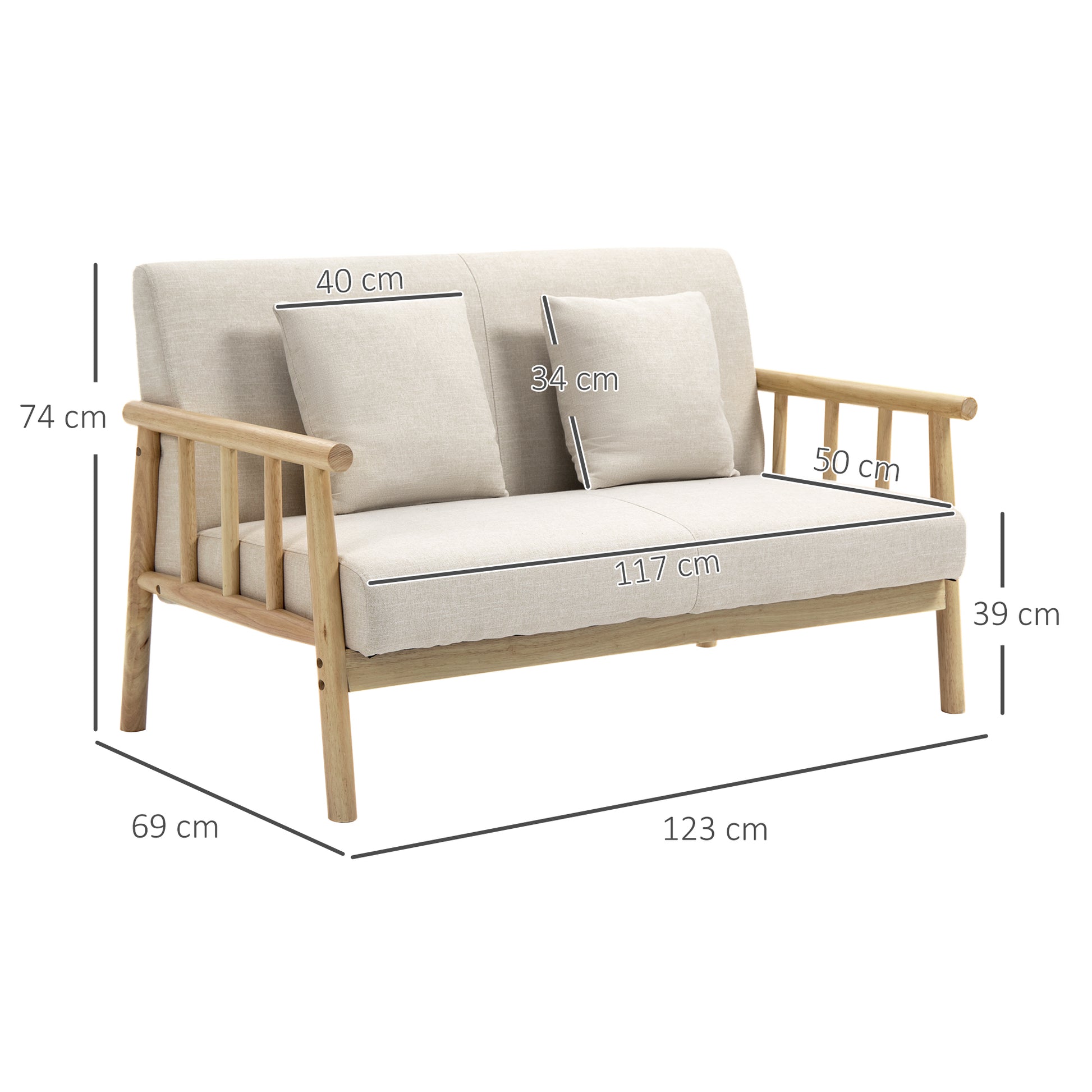 2-Sitzer Sofa, Stoffbezug in Leinenoptik, bis 200 kg, Holzrahmen, 123L x 69B x 74H cm, Beige