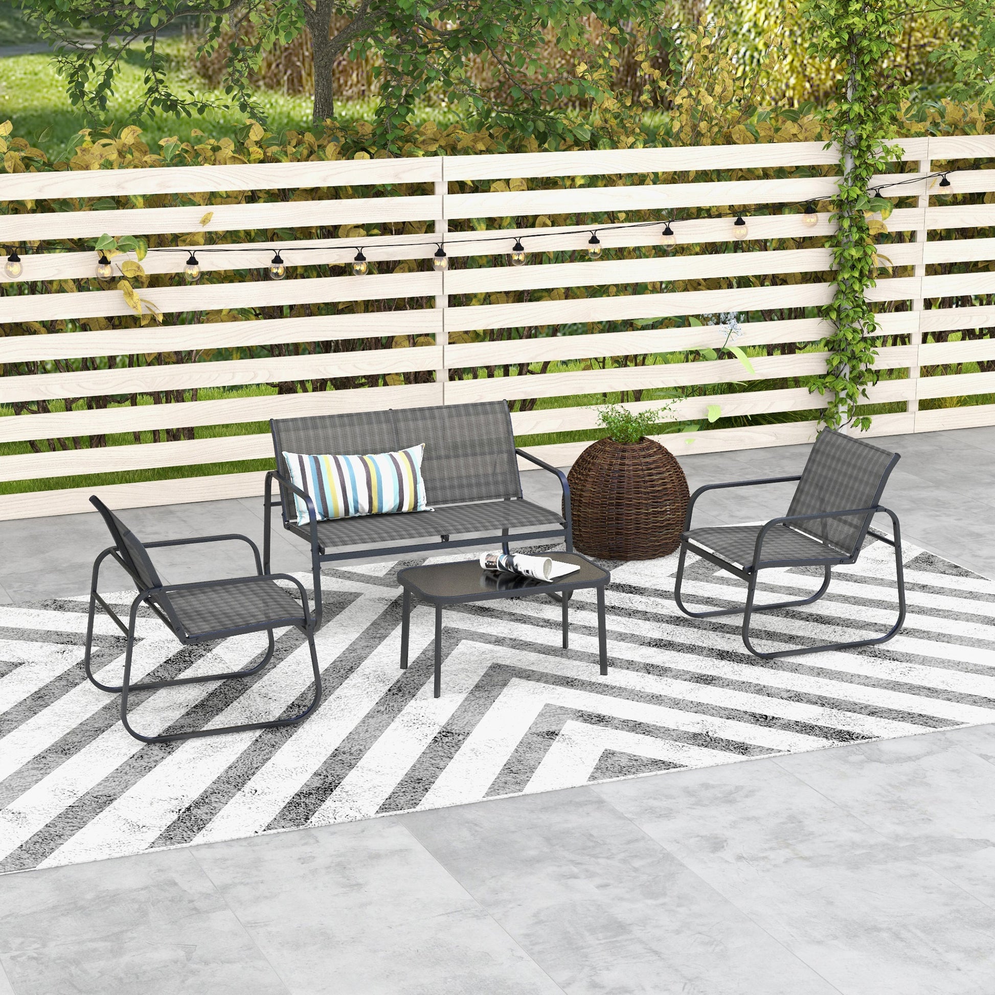 4-teilige Gartengarnitur, 2 Sessel, 2-Sitzer-Sofa, Glasplatte, atmungsaktiver Stoff, Metallrahmen