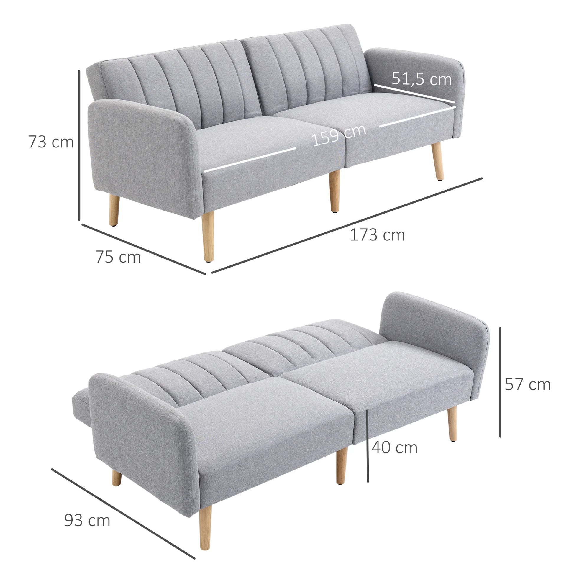 Homcom Schlafsofa 2 Sitze Wohnzimmer mit Rückenlehne in 3 Positionen Hellgrau verstellbar