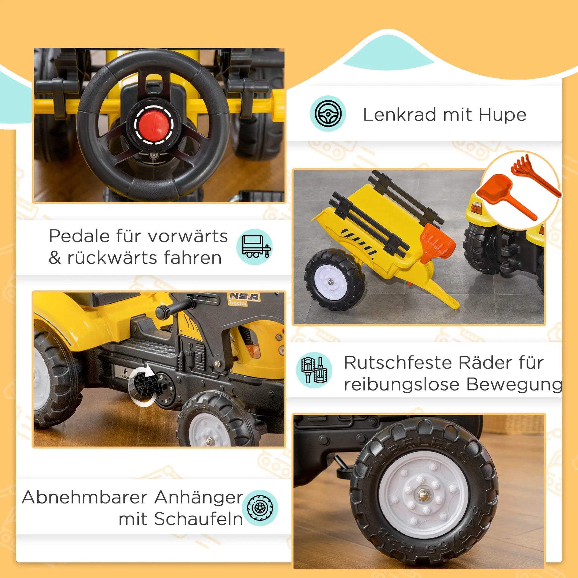 Kinderradlader, steuerbarer Frontlader, ab 3 Jahren, Pedalantrieb, Gelb/Schwarz