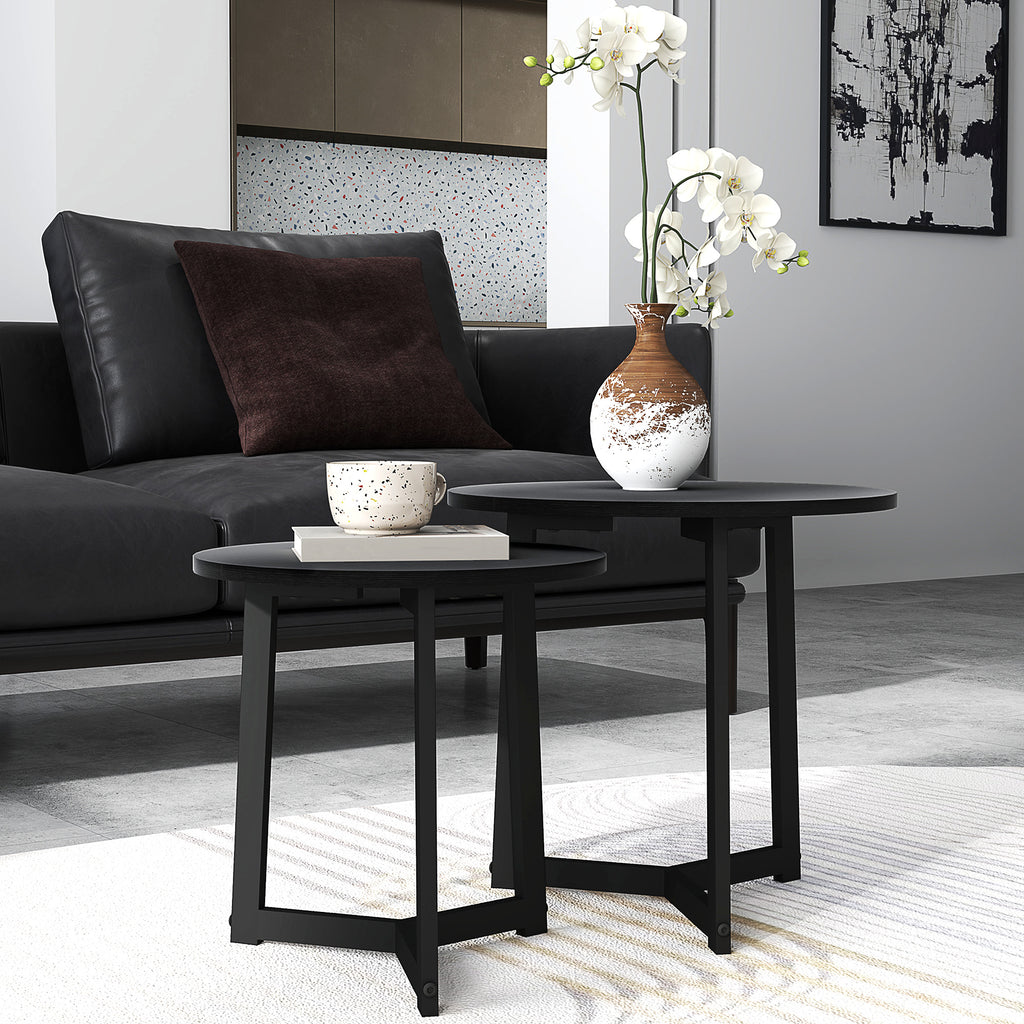 Moderner Couchtisch als 2er-Set, Metallrahmen, MDF, Rundes Design, ineinander verschiebbar