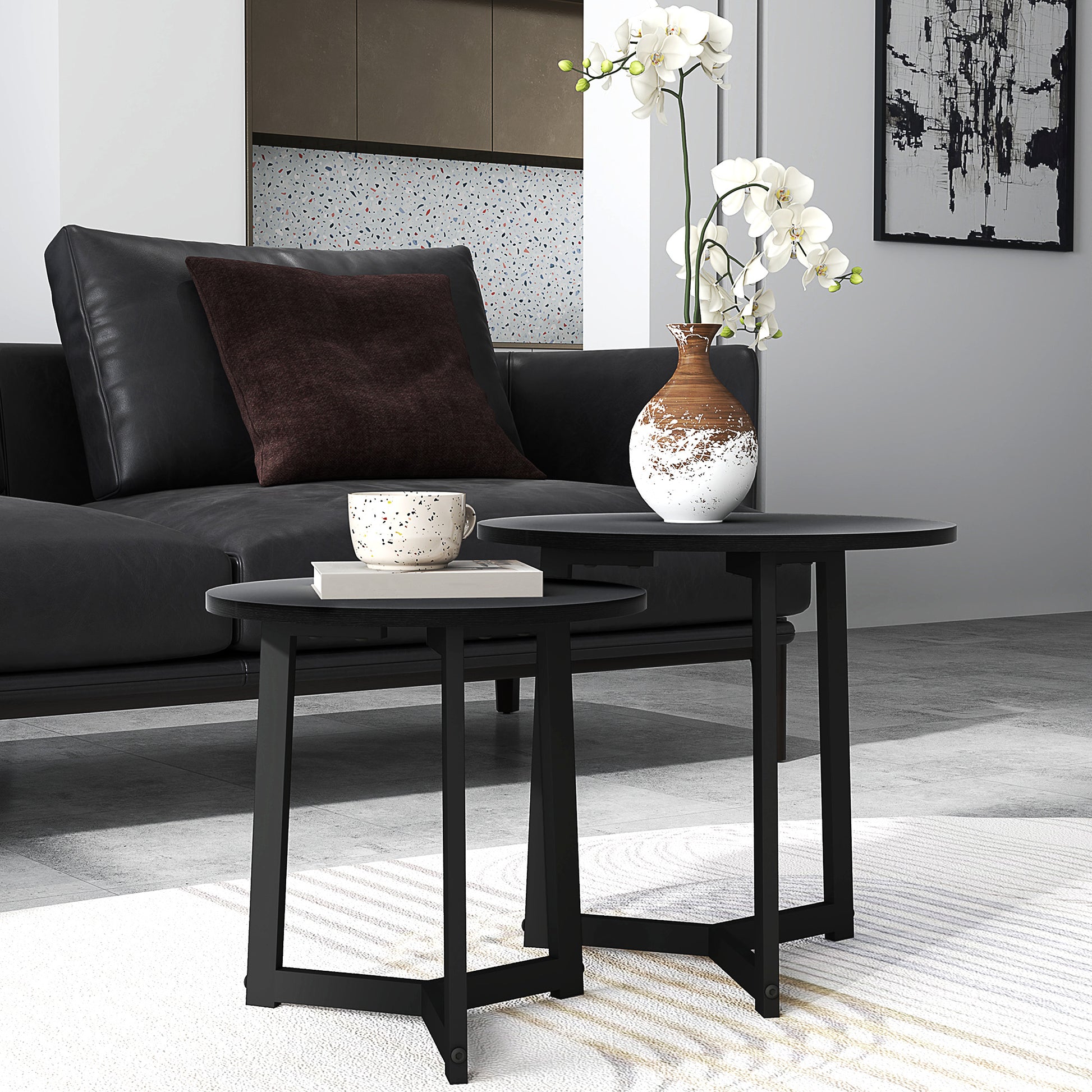 Moderner Couchtisch als 2er-Set, Metallrahmen, MDF, Rundes Design, ineinander verschiebbar
