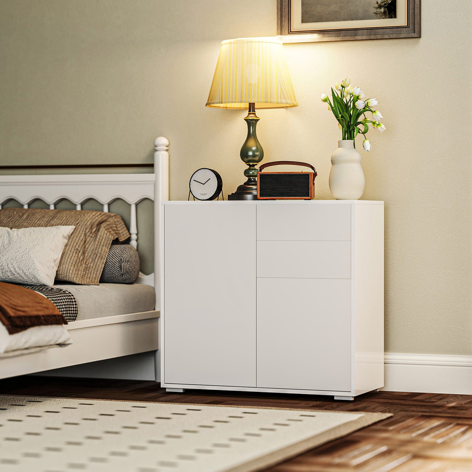Aufbewahrungsschrank mit 2 Schubladen, 2 Türen, mit Kippschutz, für Wohnzimmer, Schlafzimmer, 79 x 36 x 74 cm Weiß