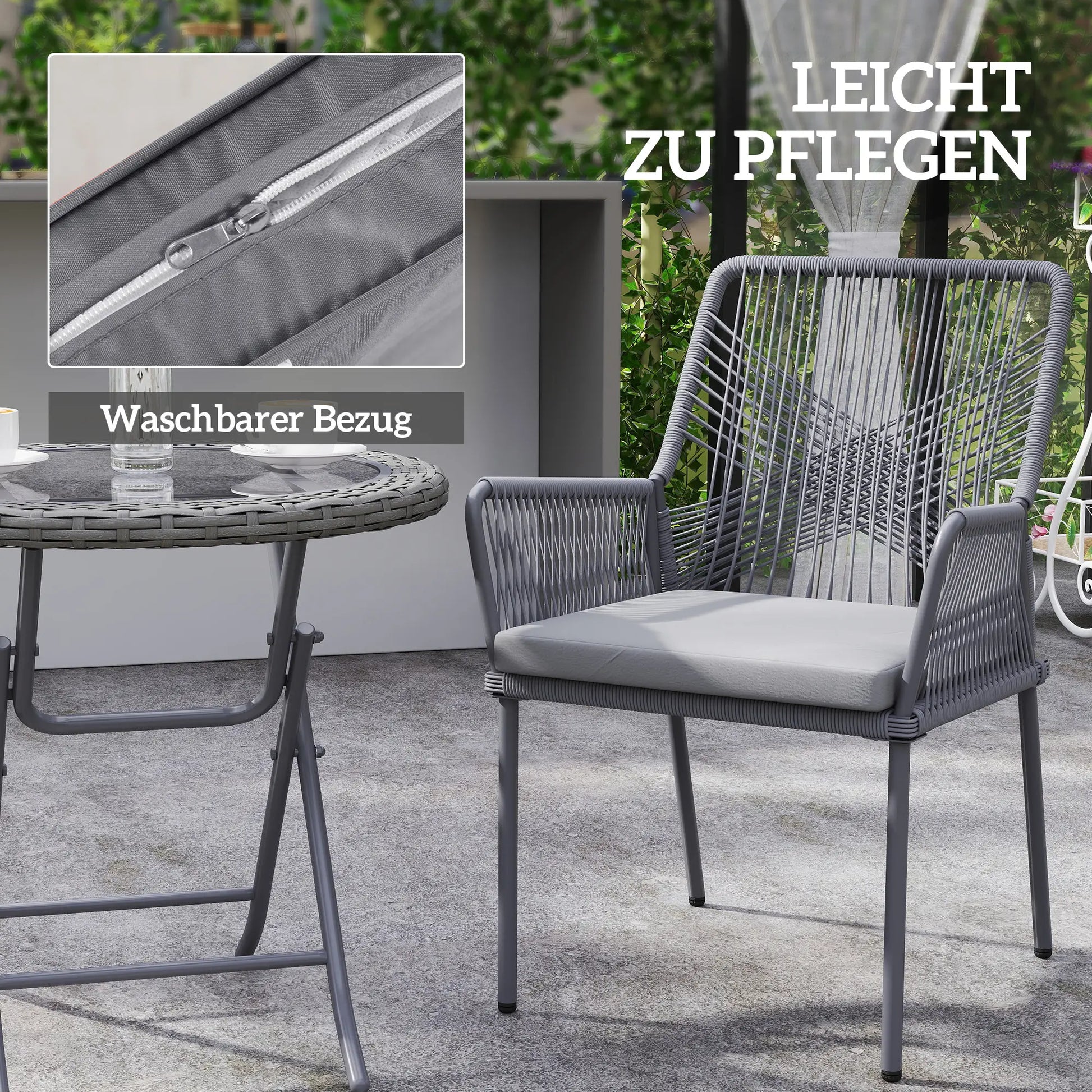 2er-Set Gartenstühle, Terrassenstühle, waschbare Kissen, Stahl, Rattan, Dunkelgrau