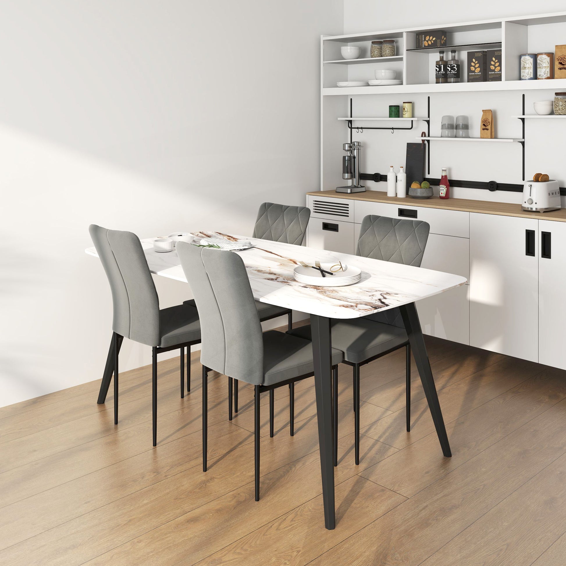 4er-Set Esszimmerstühle in Samtoptik, Moderne Polsterstühle mit Metallbeinen, für Esszimmer, Küche