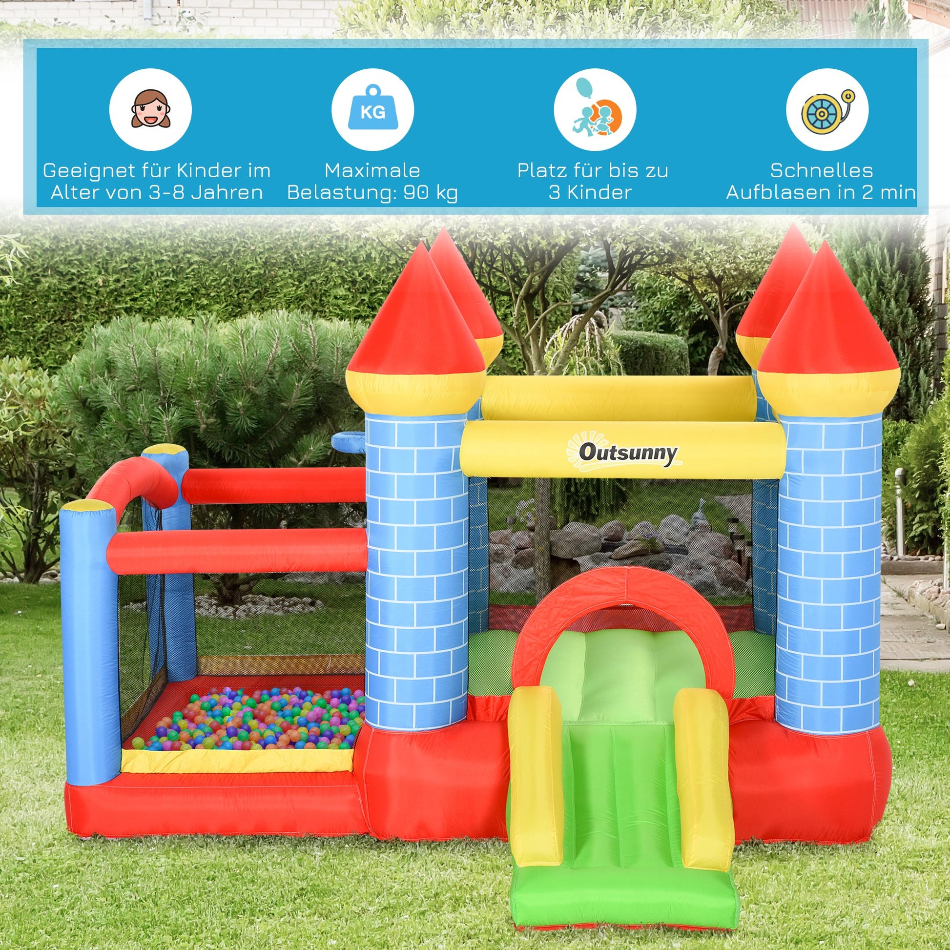 Aufblasbare Hüpfburg mit Rutsche Pool für 3 Kinder Burg mit Gebläse,3-8 Jahre 280x260x210 cm