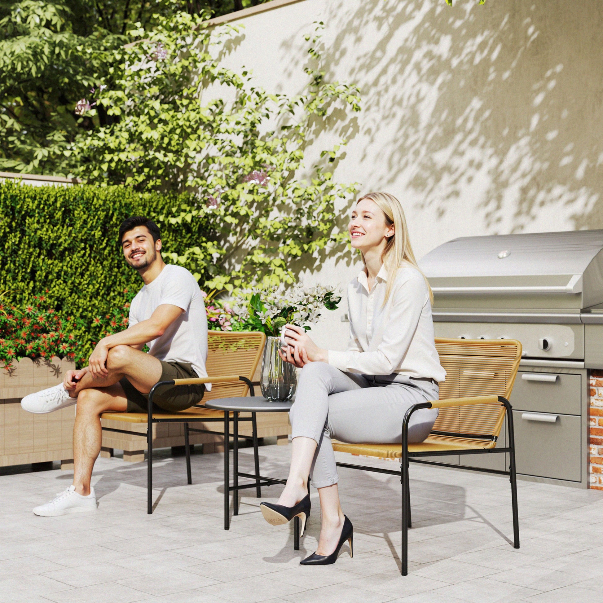 3-tlg. Rattan Bistroset, Sitzgruppe, Gartengarnitur mit 2 Gartensesseln, Couchtisch 54 x 66 x 76 cm