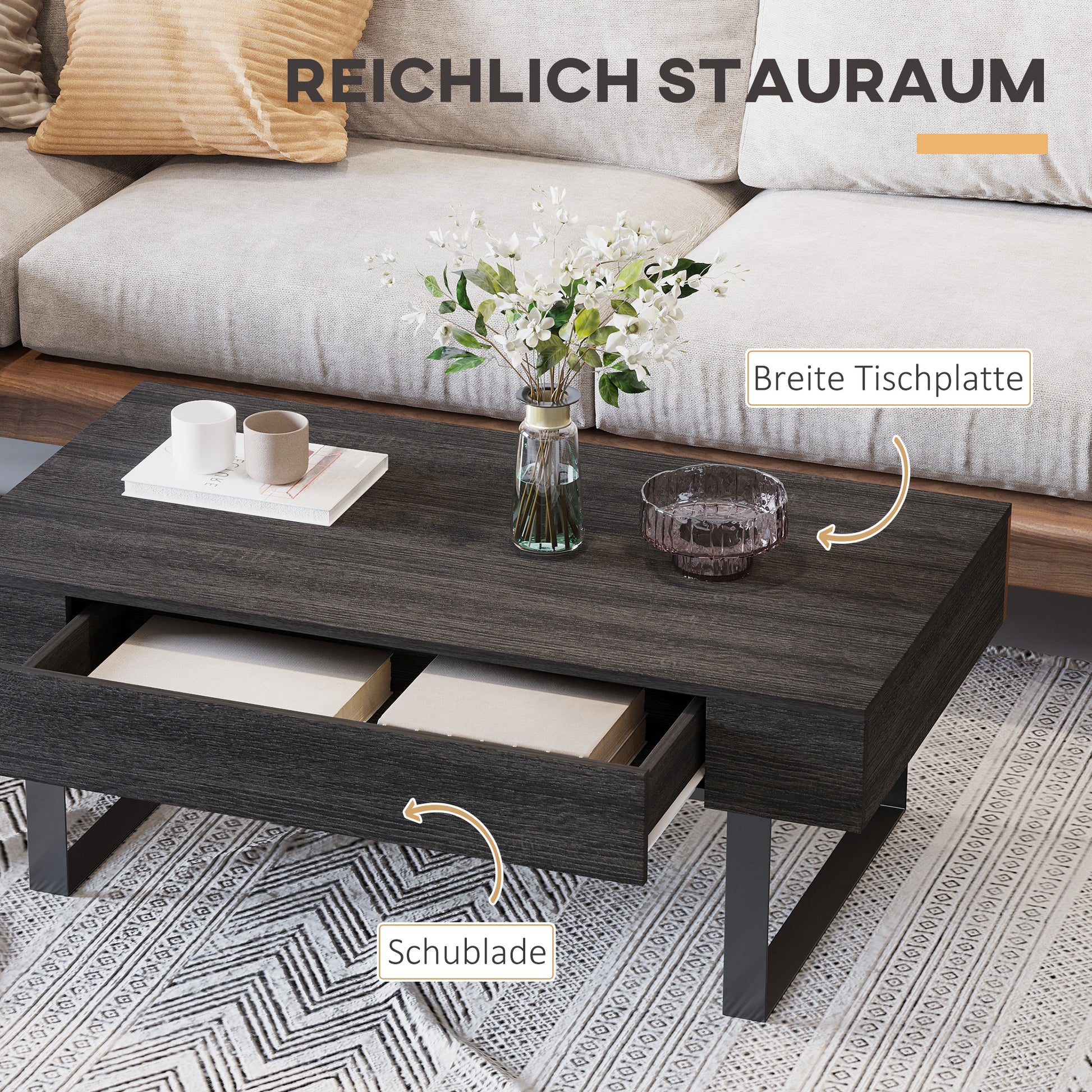 Couchtisch Wohnzimmertisch mit Schublade, Modern Sofatisch mit Metallrahmen, Beistelltisch, Kaffeetisch