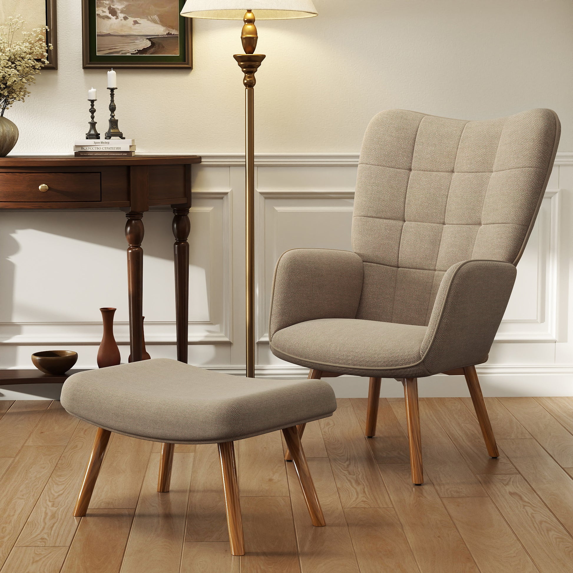 Akzentsessel mit Hocker, Relaxsessel in Cord-Optik, Armlehnstuhl mit Holzbeinen