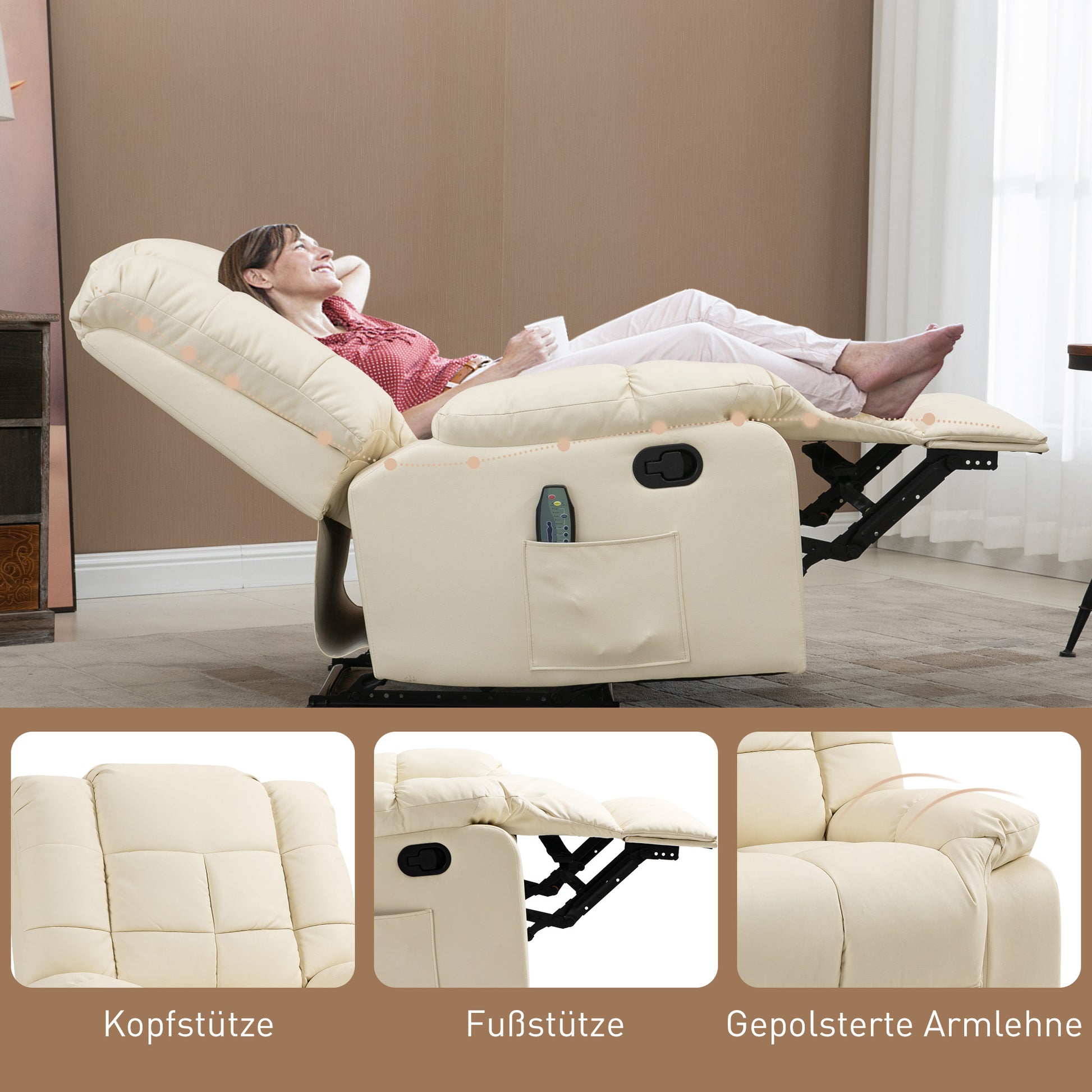 Massagesessel, Relaxsessel, 8 Vibrationspunkte, Liegefunktion, Kunstleder, 94x99x99cm