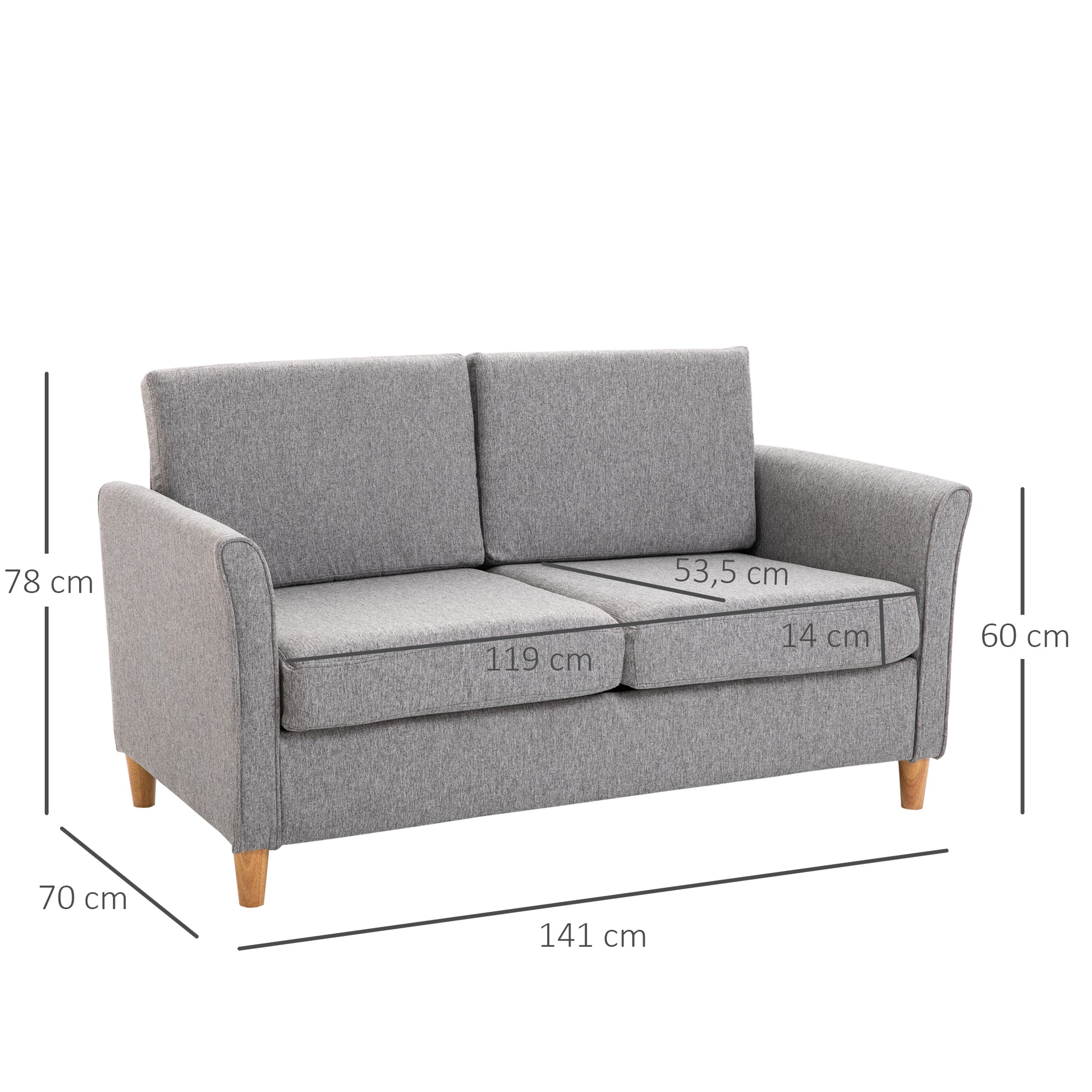 2 Sitzer Sofa, Abnehmbare Kissen, Leinen, Schaumstoff, Kautschukholz, Hellgrau, 141 x 70 x 78 cm