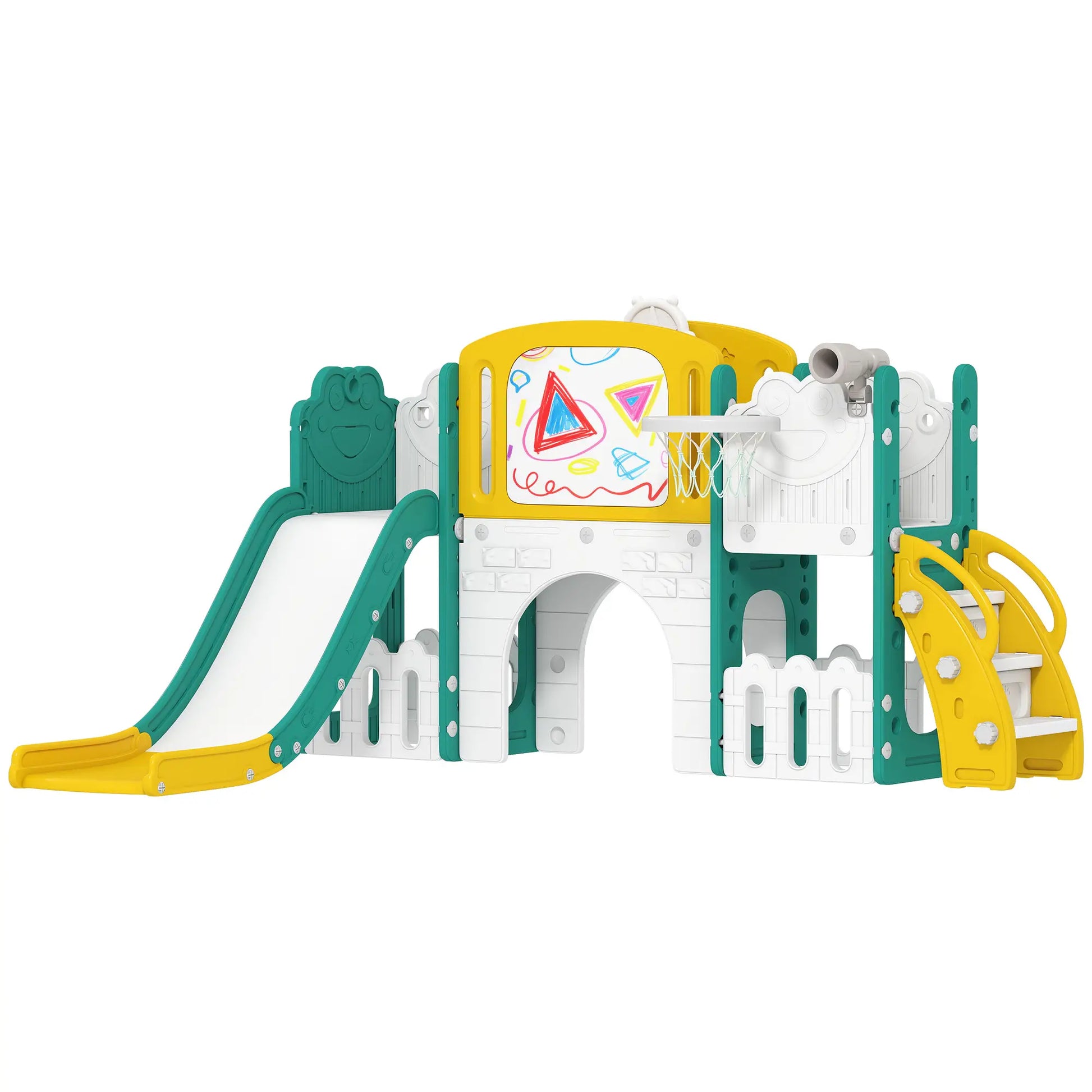 7-in-1 Rutschenset für Kleinkinder, Basketballkorb, Froschdesign, Klettergerüst, Schaukelsitz, für drinnen und draußen, Gelb+Grün