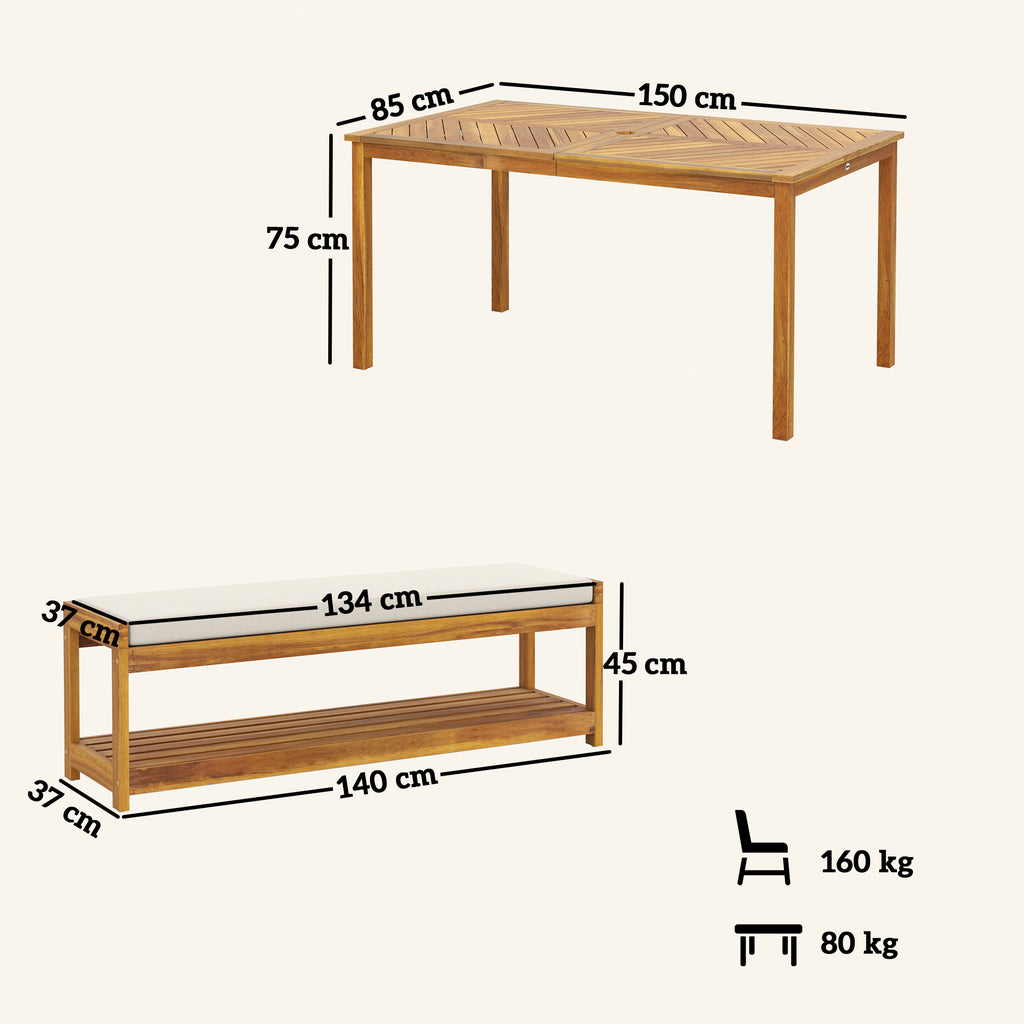 3 tlg. Gartenmöbel-Set, Sitzgarnitur inkl. 1 Esstisch mit Schirmloch, 2 Bänke 150 x 85 x 75 cm