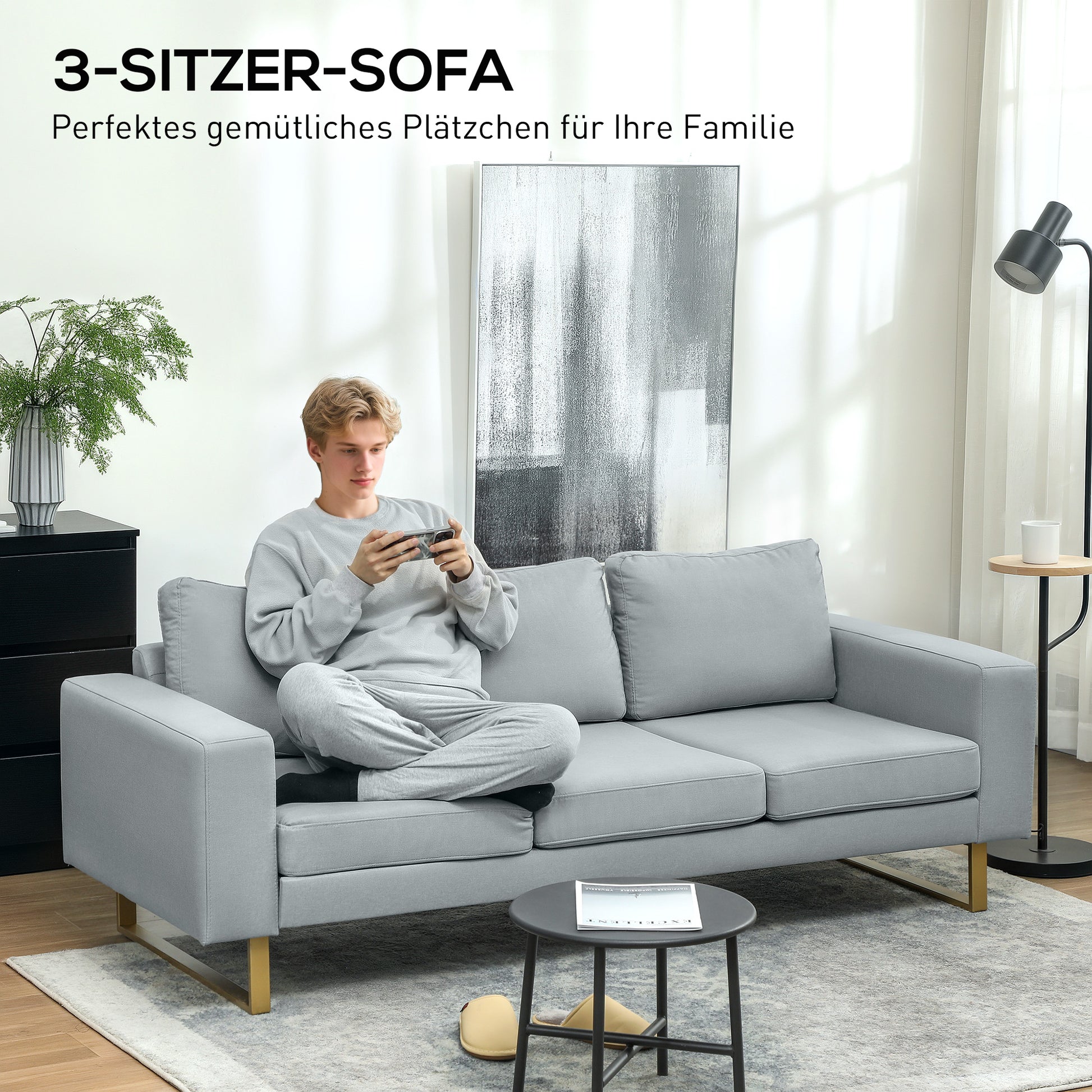 3-Sitzer-Sofa, Couch mit Vollholzrahmen, Metallbeine, schlichtes Design, Hellgrau/Dunkelgrau