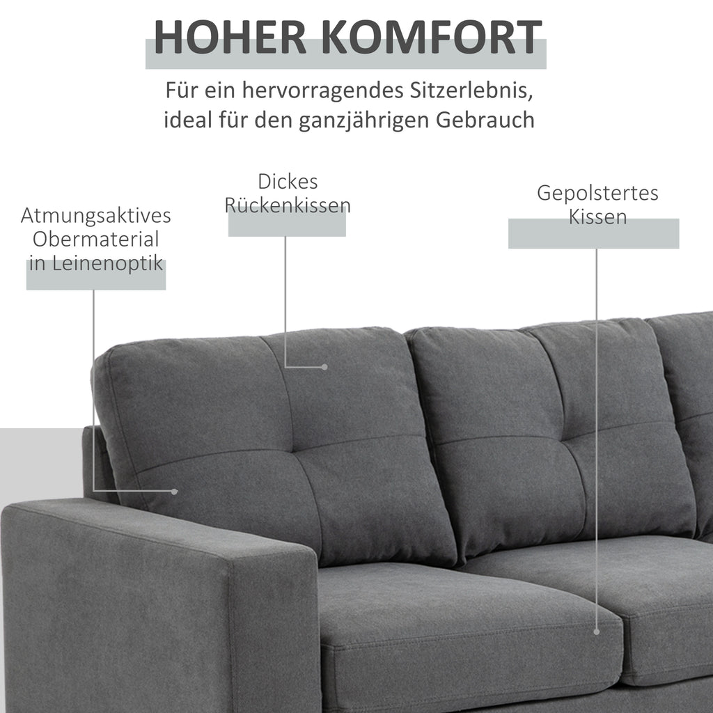 Ecksofa L-Form graue Eckcouch mit Chaiselongue Leinenoptik für 3 Personen 193x136x85cm Dunkelgrau