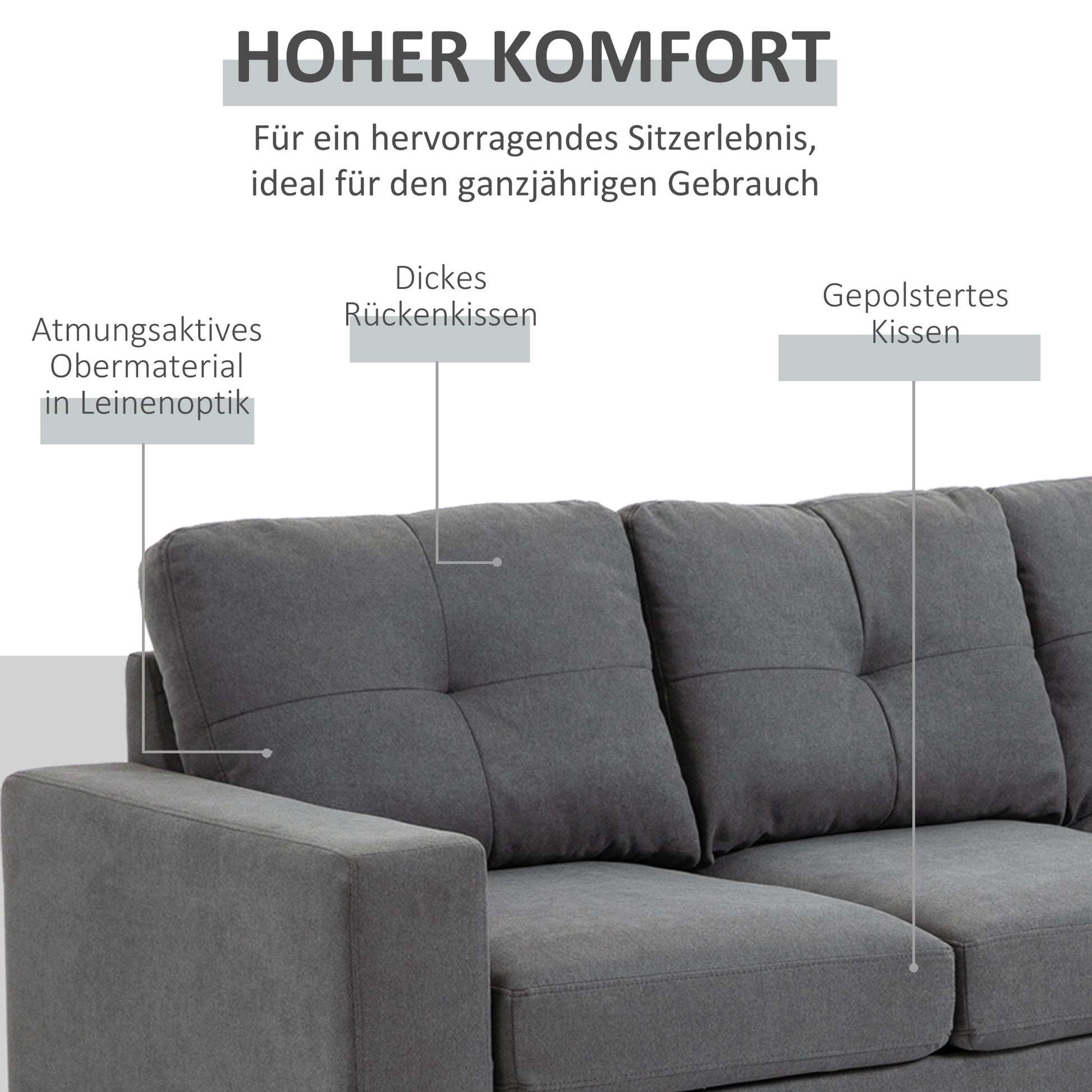 Ecksofa L-Form graue Eckcouch mit Chaiselongue Leinenoptik für 3 Personen 193x136x85cm Dunkelgrau