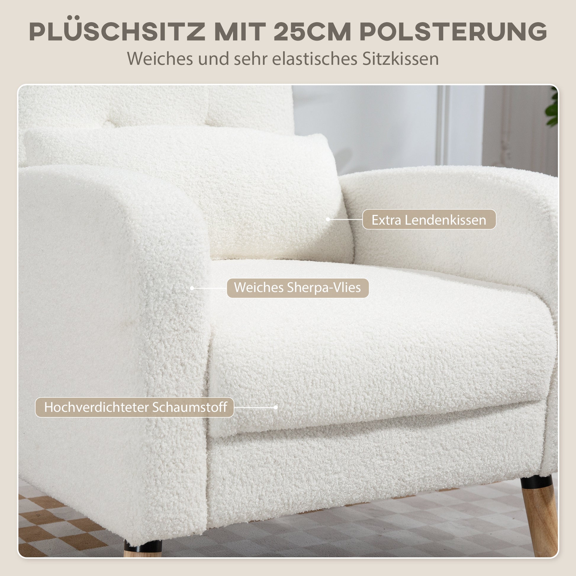 Moderner Armlehnstuhl, Polstersessel mit Kautschukholzbeinen, Lendenkissen, Weiß