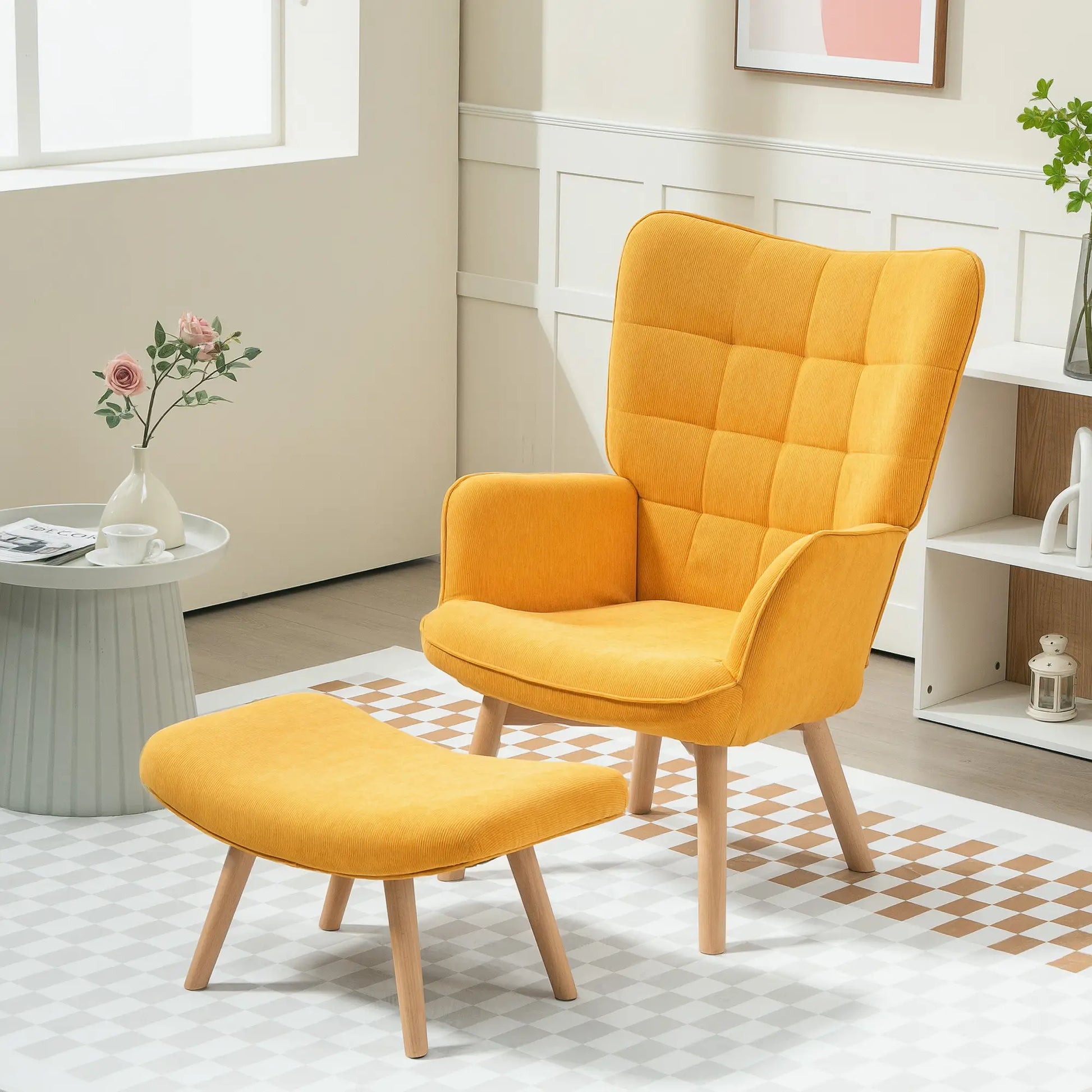 Akzentsessel mit Hocker, Relaxsessel in Cord-Optik, Armlehnstuhl mit Holzbeinen