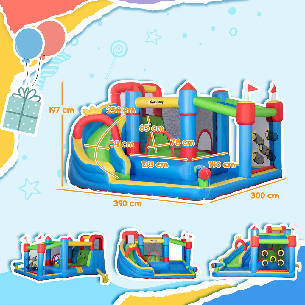 Hüpfburg Märchenschloss mit Rutsche & Pool – inkl. Gebläse, Tasche & Zubehör – 390×300×197 cm – Bunt