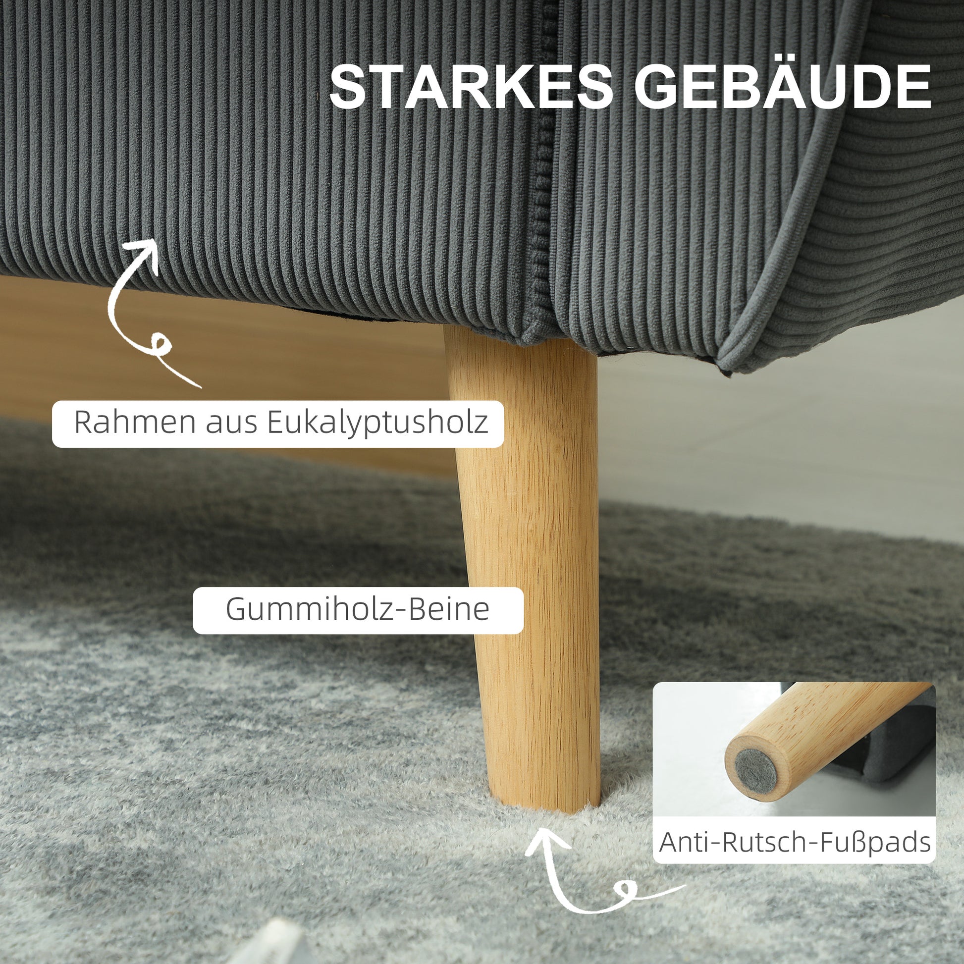 2 Sitzer-Sofa, Stoffcouch, 2 Rückenkissen, Cordbezug, 145 x 75 x 78 cm, Anthrazit