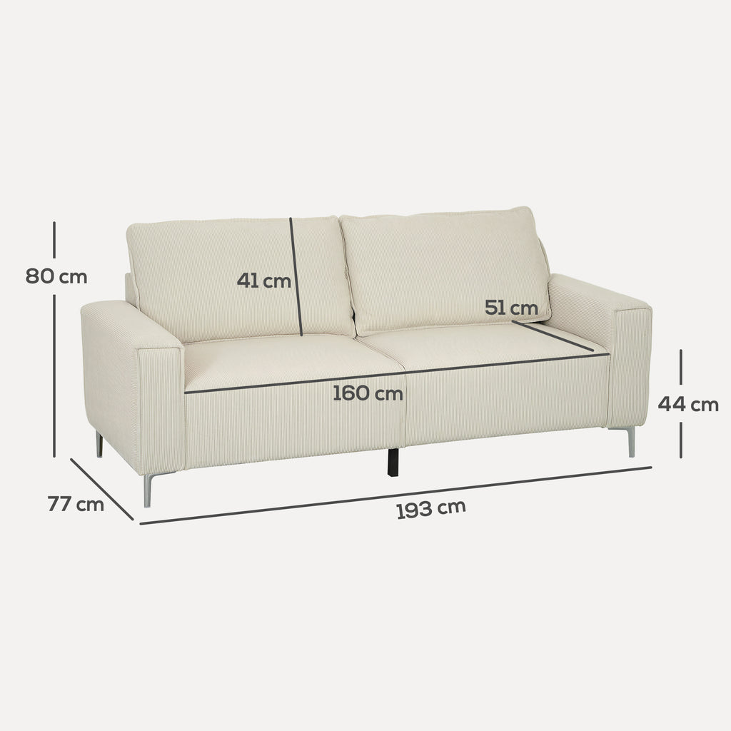 Modernes 3-Sitzer-Sofa, Weiche Couch mit Rückenkissen, 193B x 77T x 80H cm, Cremeweiß