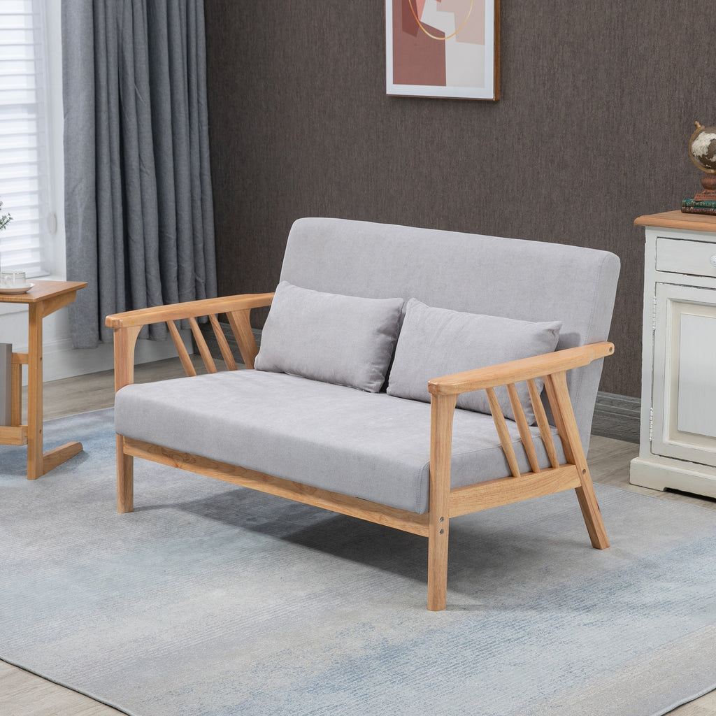 Sofa 2-Sitzersofa, inkl. 2 Kissen, Samtoptik, Kautschukholz, 130 cm x 75 cm x 78 cm, Grau + Natur