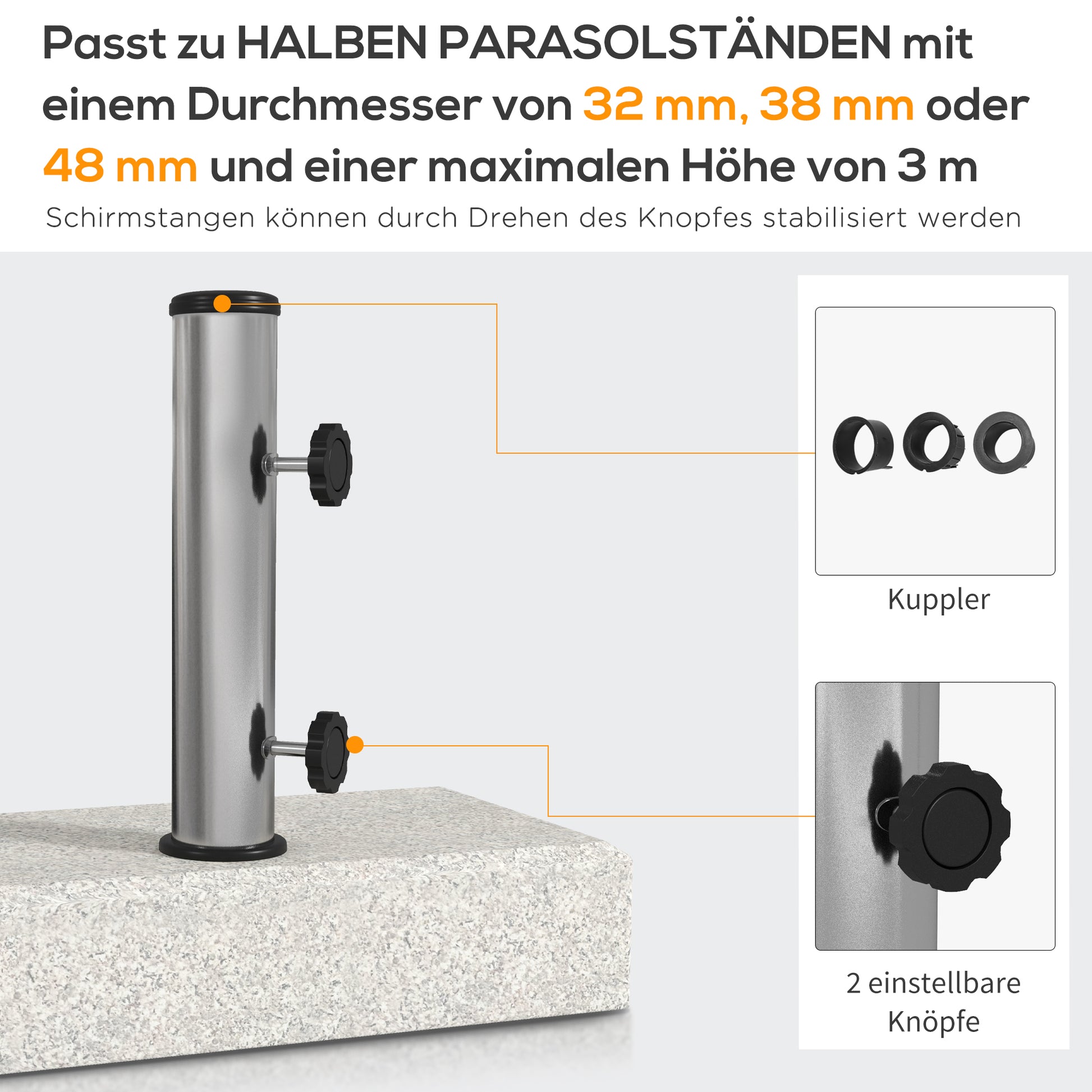 Sonnenschirmständer 25 kg, Schirmfuß aus Granit, für Schirmstöcke Ø32/38/48 mm, Grau