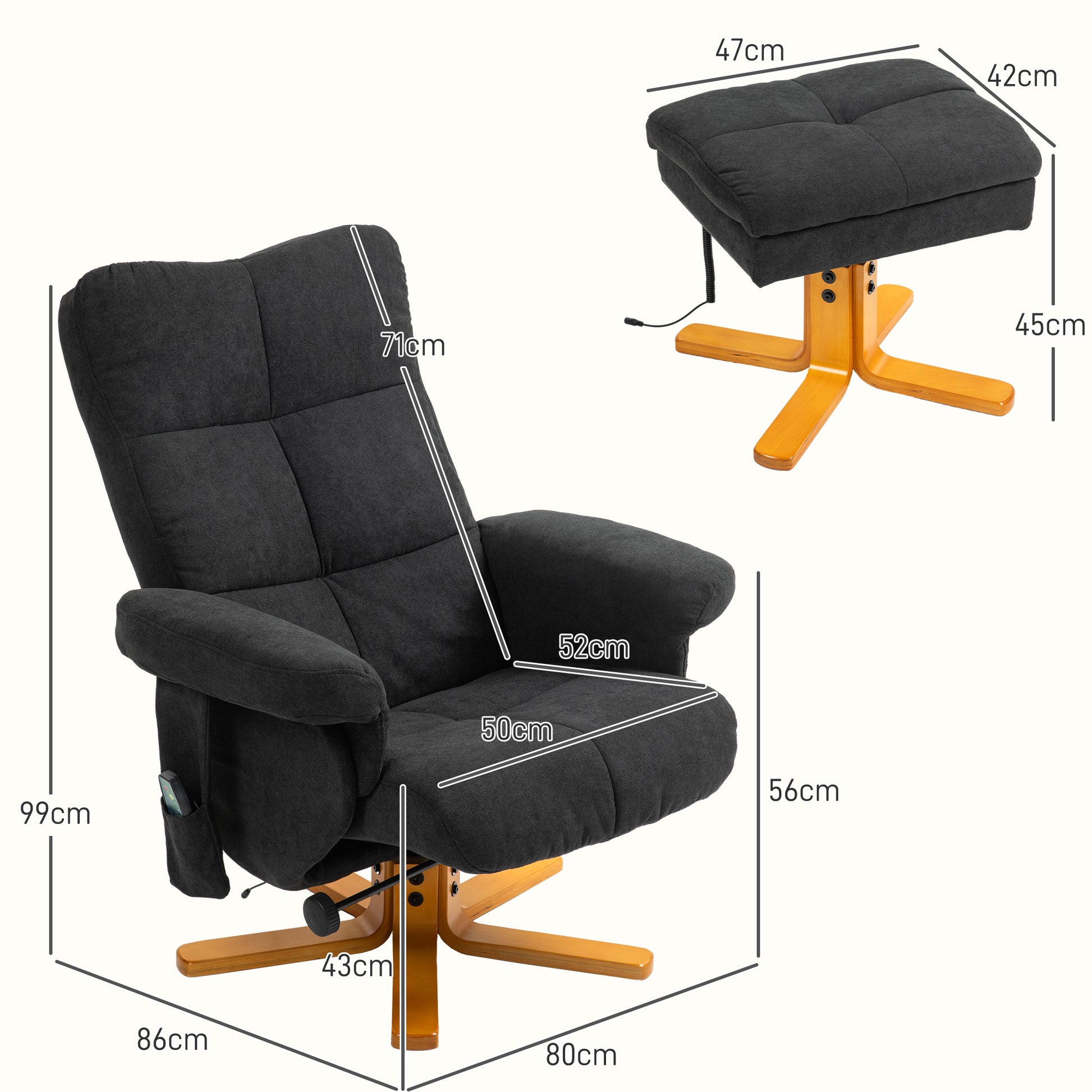 Massagesessel mit Liegefunktion und Fußhocker, 145°-Neigung, Polyester/Kunstleder, 80 x 86 x 99 cm