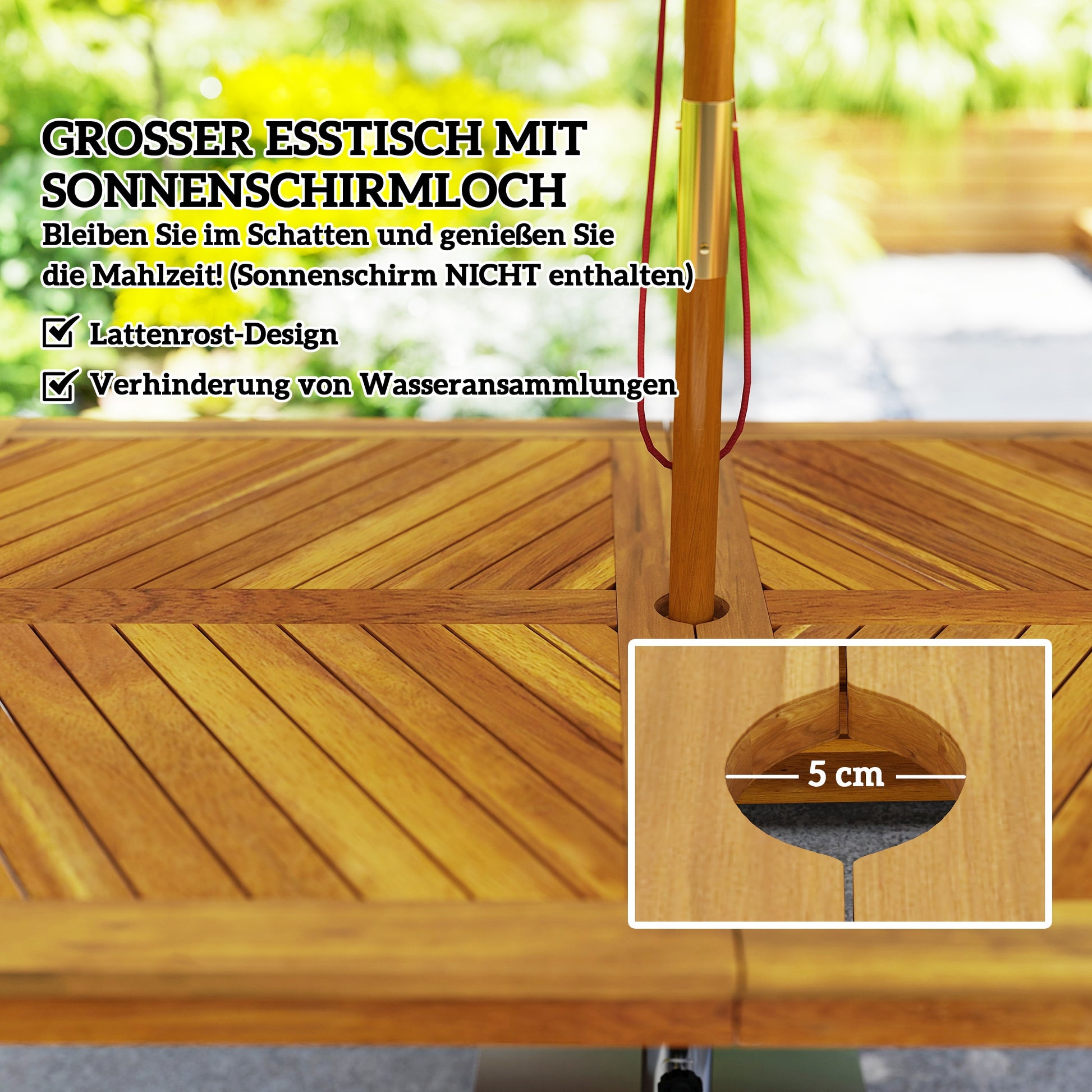 3 tlg. Gartenmöbel-Set, Sitzgarnitur inkl. 1 Esstisch mit Schirmloch, 2 Bänke 150 x 85 x 75 cm