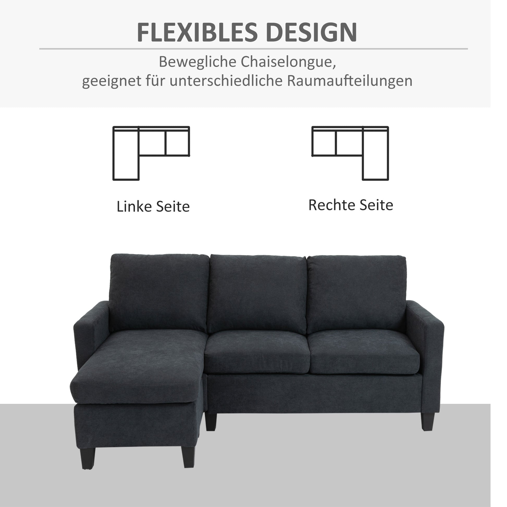Ecksofa, Couchgarnitur, mit wendbarer Chaiselongue, 197 x 139 x 91cm, Dunkelgrau