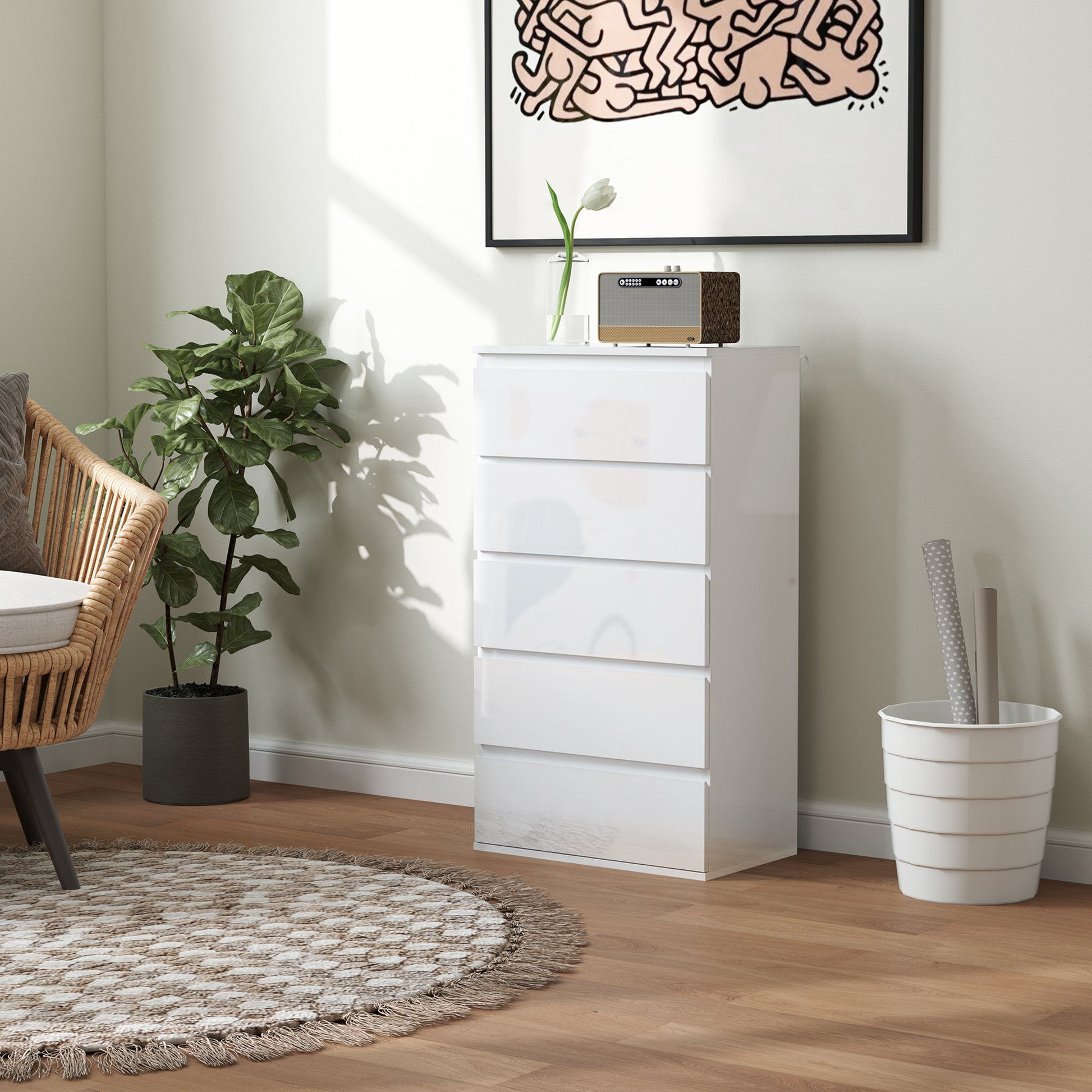 Kommode Sideboard Schubladenkommode, 5 Schubladen, 55 cm x 34 cm x 100 cm, Weiß