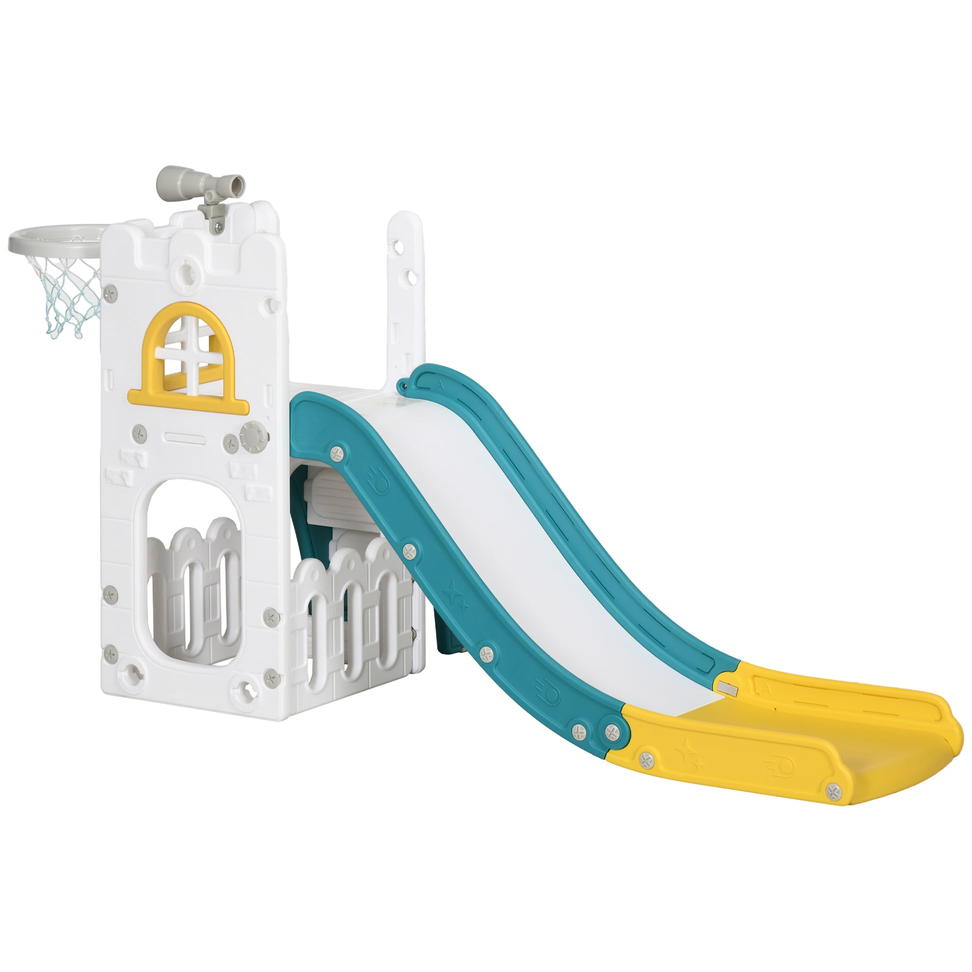 Kinderrutsche, 4 in 1, Kleinkinderrutsche mit Basketballkorb, Teleskop Klettergerüst 70 x 177 x 92 cm
