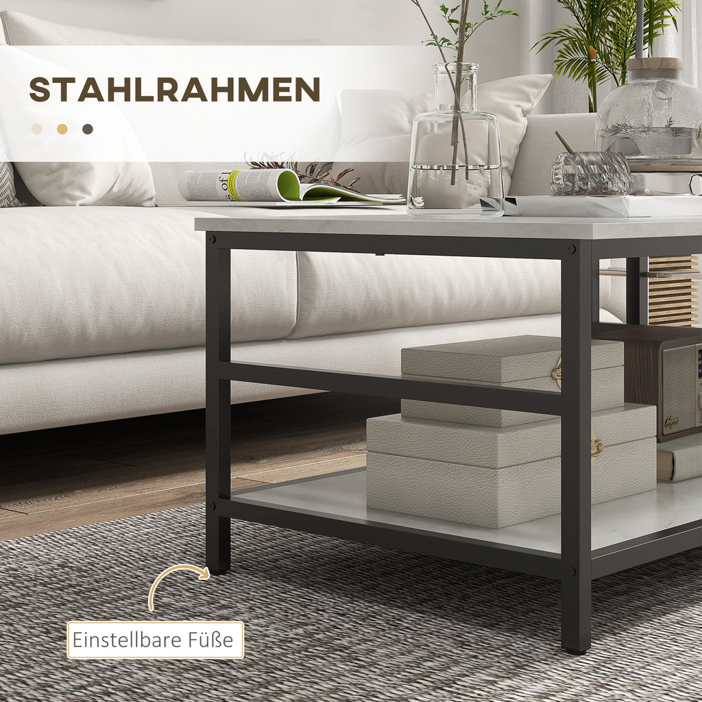 Couchtisch-Set, 2 Beistelltische, Marmoroptik, verstellbare Füße, Stahl, Schwarz/Weiß