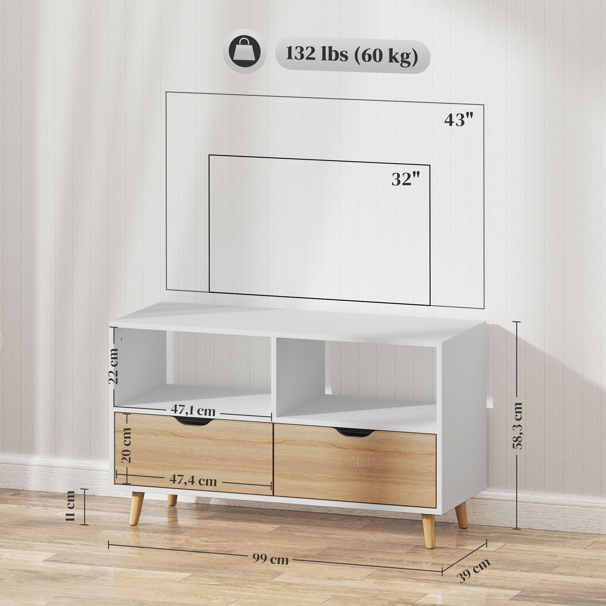 TV-Schrank, TV-Kommode mit Schubladen, Offene Regale, Holz, 99 x 39 x 58 cm