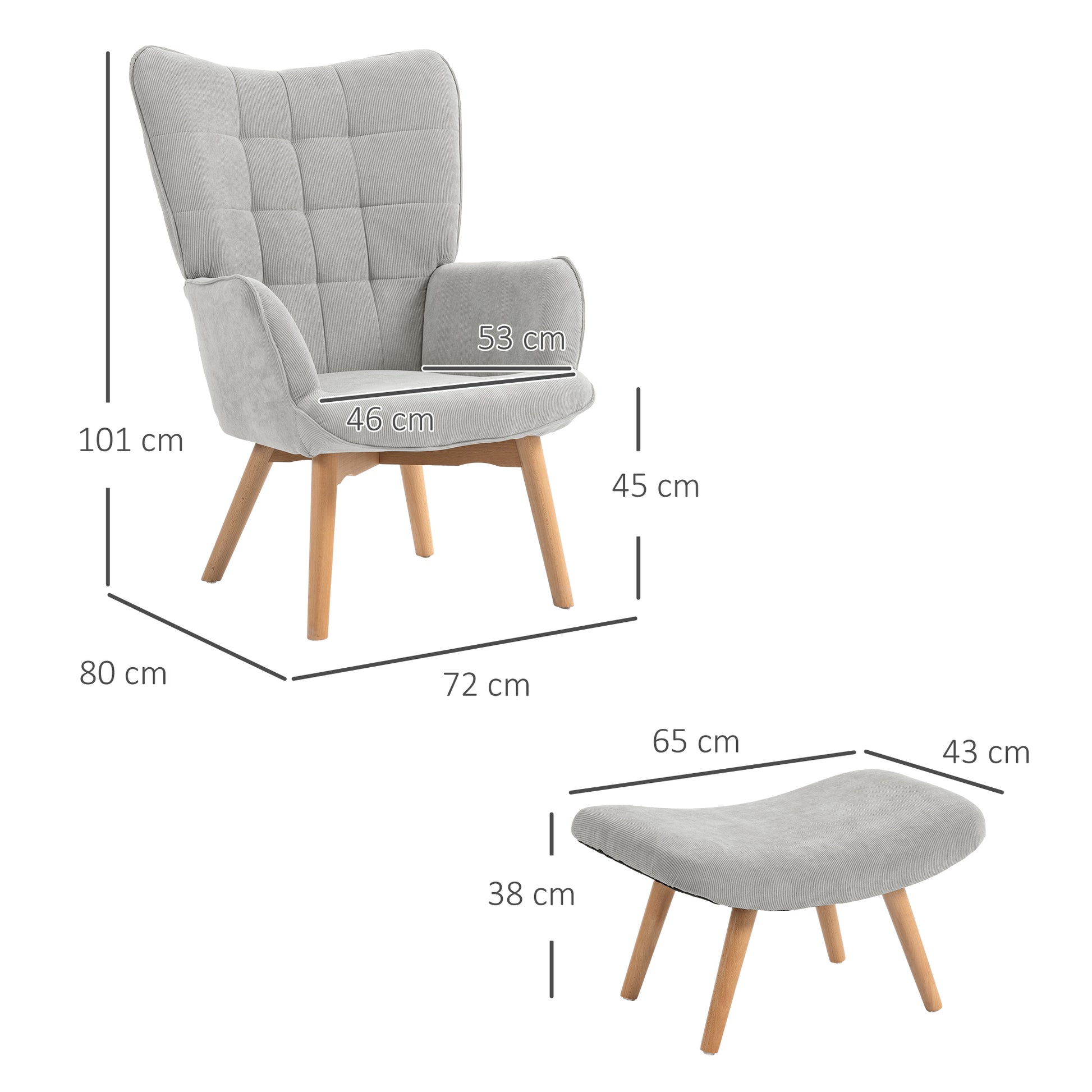 Akzentsessel mit Hocker, Relaxsessel in Cord-Optik, Armlehnstuhl mit Holzbeinen