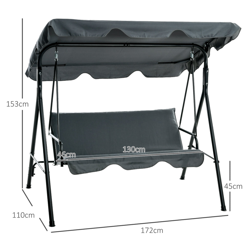Gartenschaukel, 3-Sitzer Schaukelbank mit Dach, Stahl, 172 x 110 x 153 cm, Grau