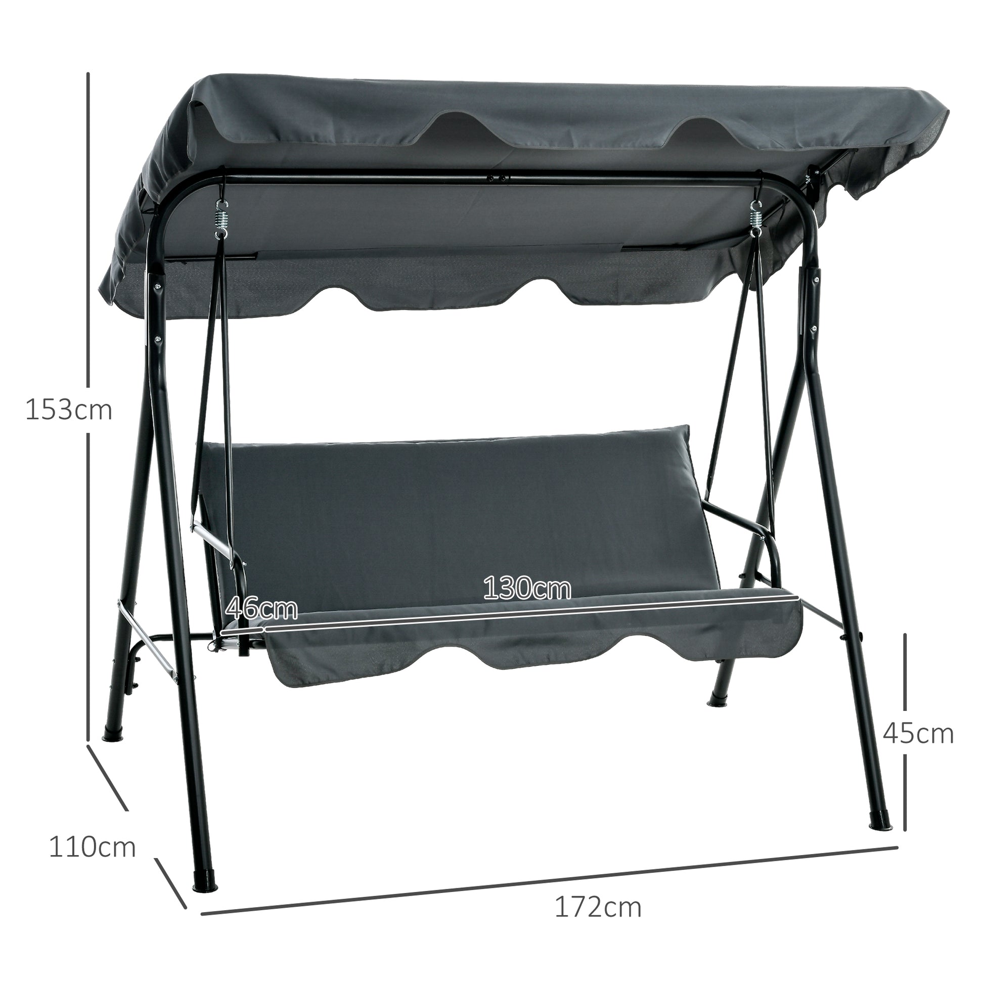 Gartenschaukel, 3-Sitzer Schaukelbank mit Dach, Stahl, 172 x 110 x 153 cm, Grau
