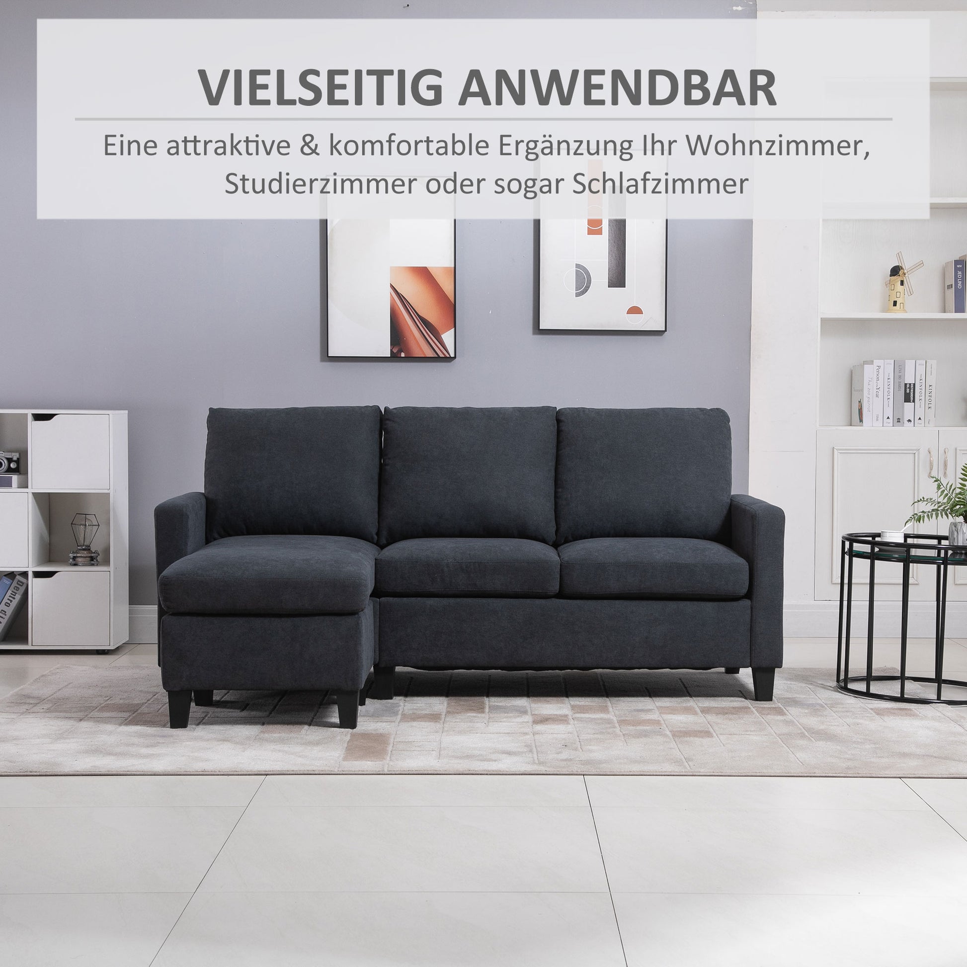 Ecksofa, Couchgarnitur, mit wendbarer Chaiselongue, 197 x 139 x 91cm, Dunkelgrau