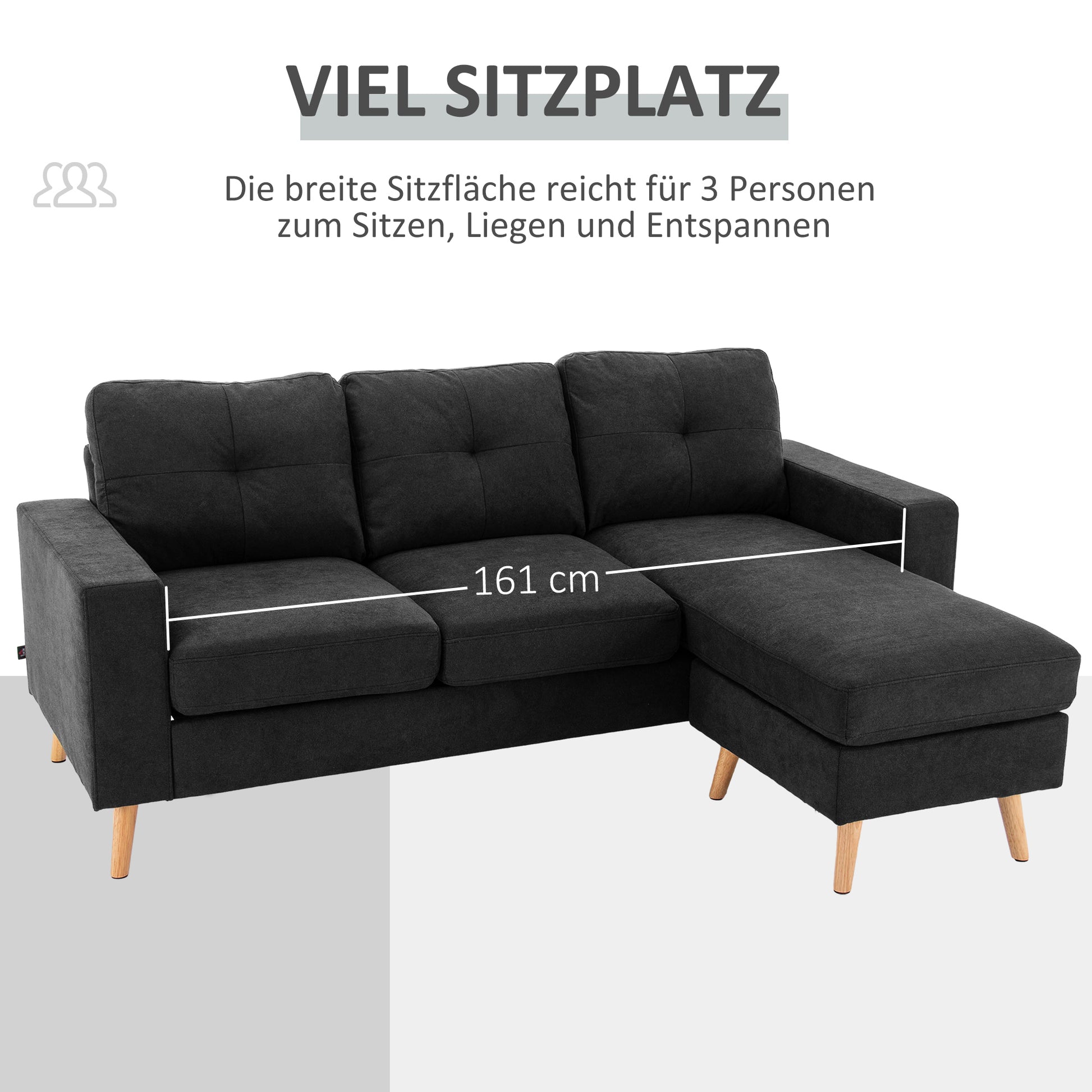 Ecksofa L-Form graue Eckcouch mit Chaiselongue Leinenoptik für 3 Personen 193x136x85cm Schwarz