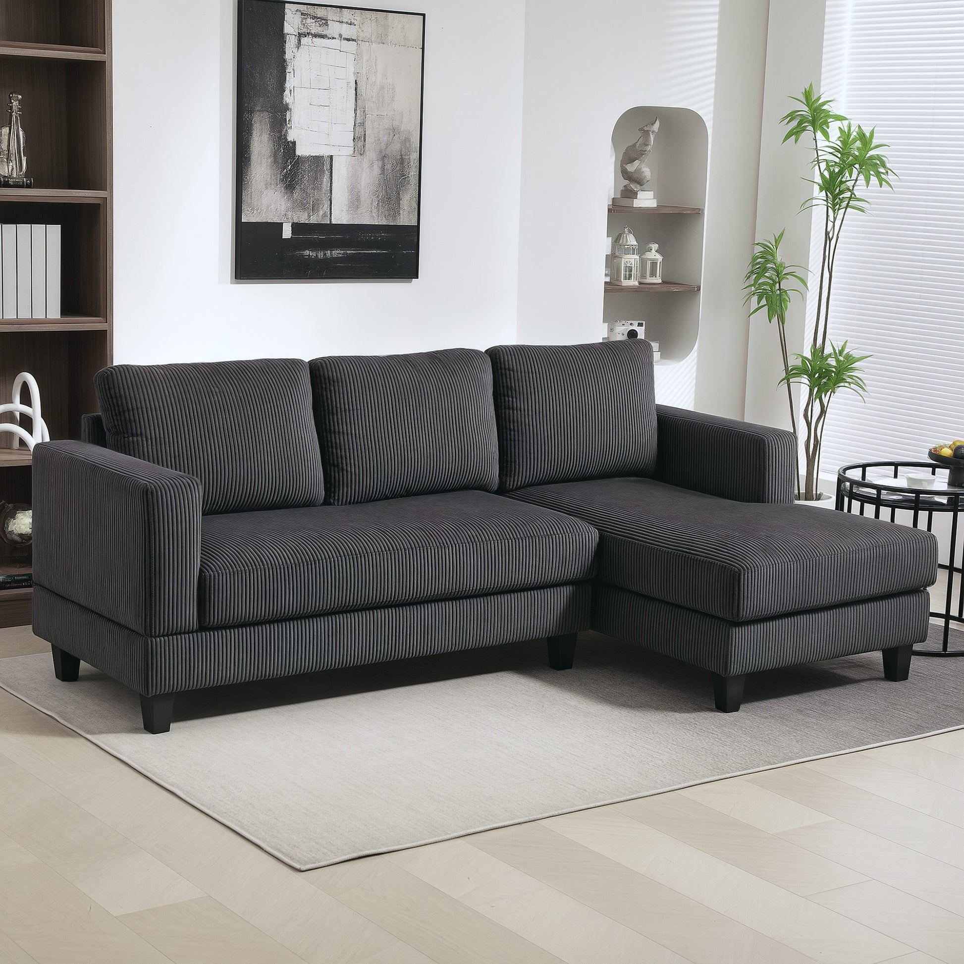 Ecksofa mit Chaiselongue 3 Sitzer L Form Gepolsterte mit Cord-Optik, Hochdichtem Schaumstoff, 214 x 134 x 87 cm Dunkelgrau