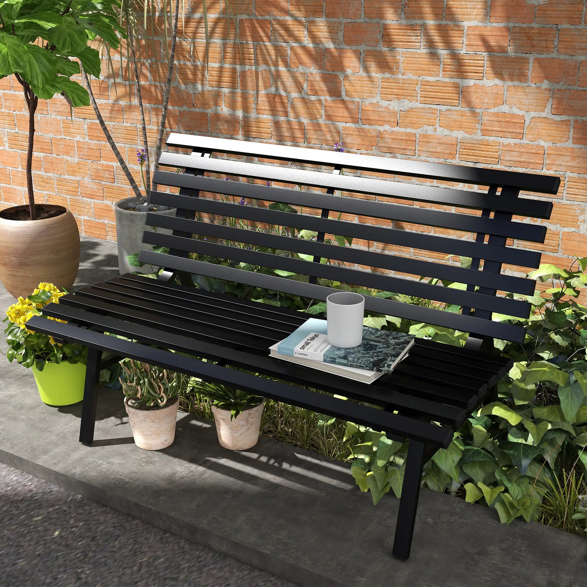Gartenbank Sitzbank, Lattendesign, wetterbeständig, Aluminium, 123 x 67 x 79 cm, Schwarz