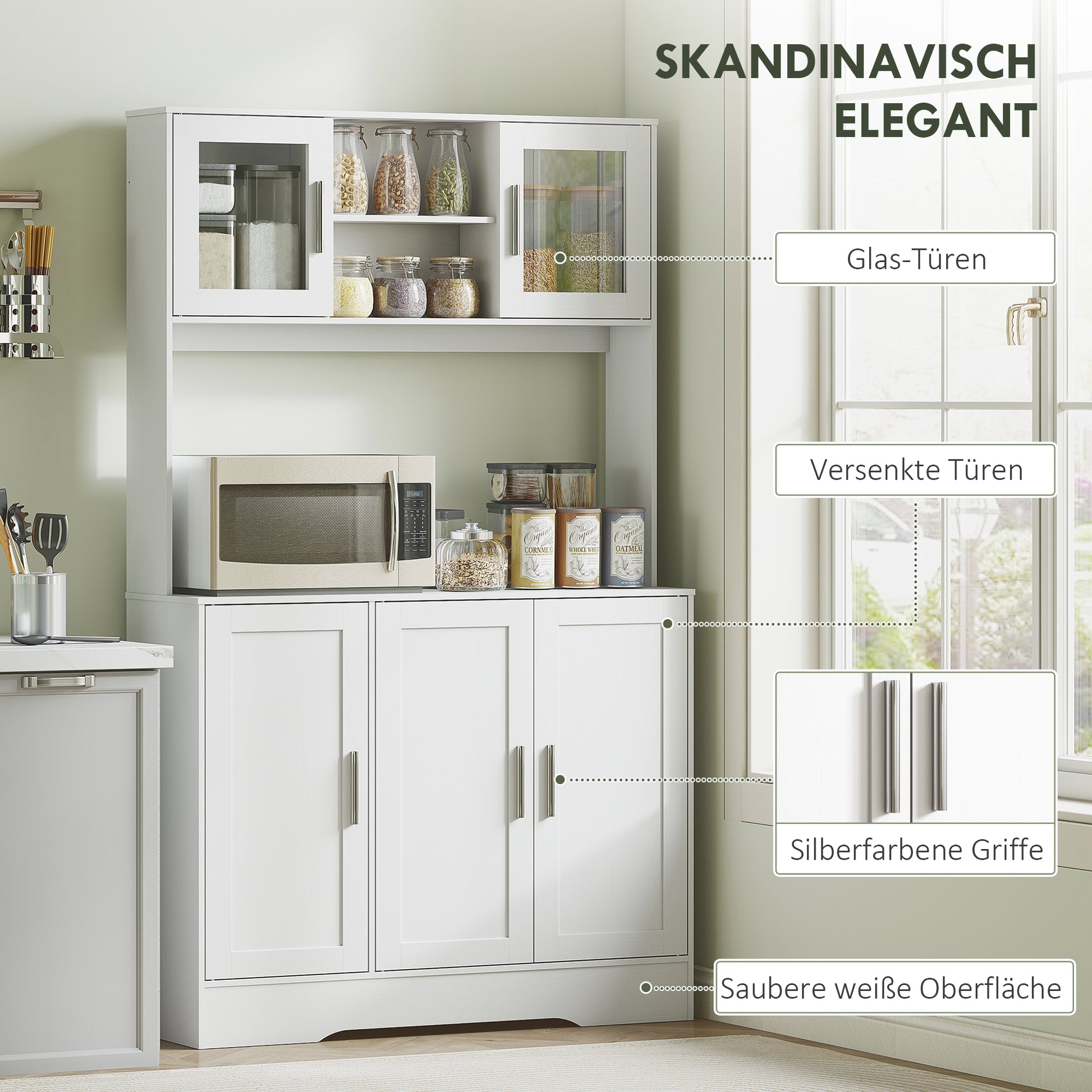 Küchenschrank, Skandinavisches Design, verstellbare Regale, Glastüren, offene Fläche, Spanplatte, MDF