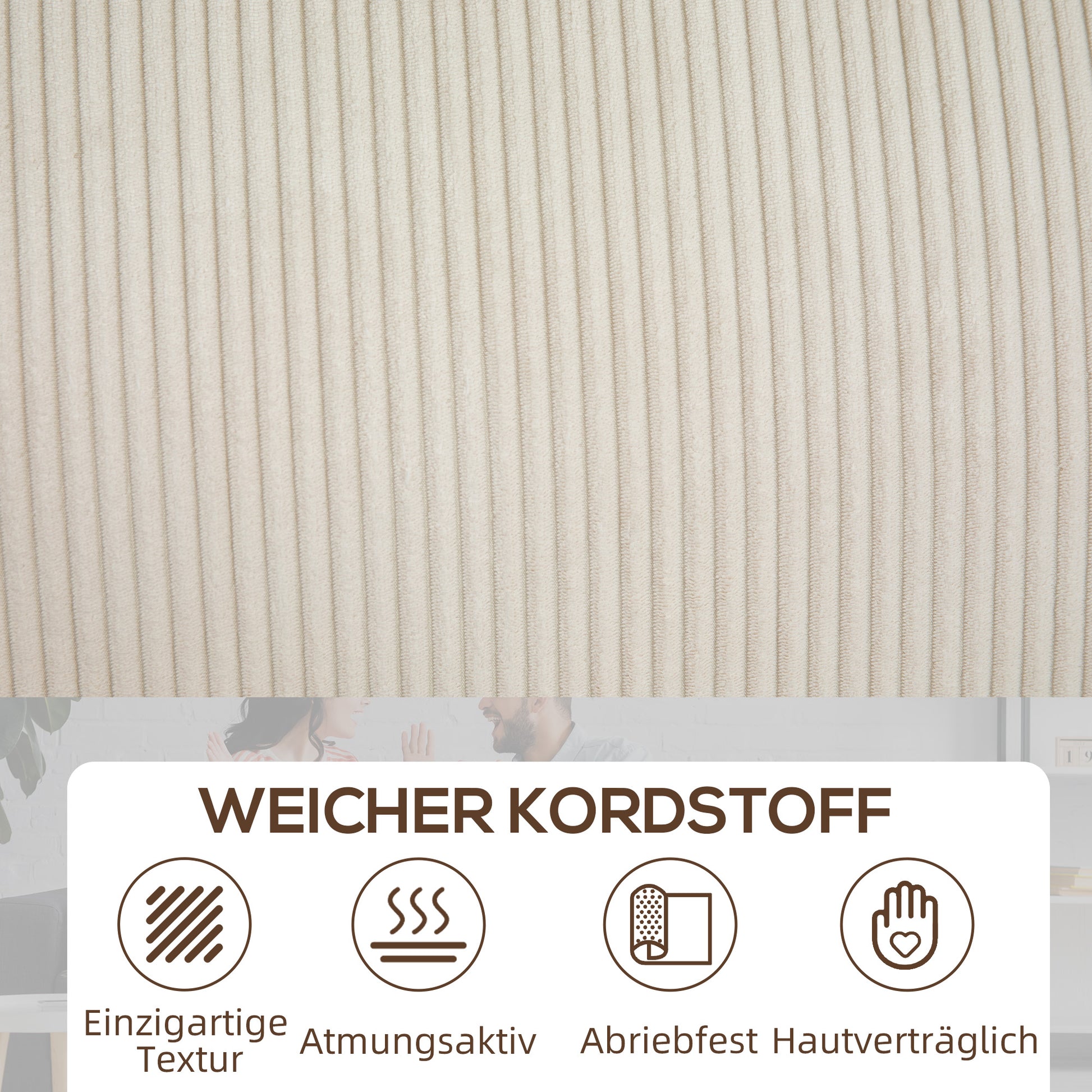3-Sitzer Sofa mit Cordbezug, bis 400 kg, 227 x 84 x 87 cm, Cremeweiß
