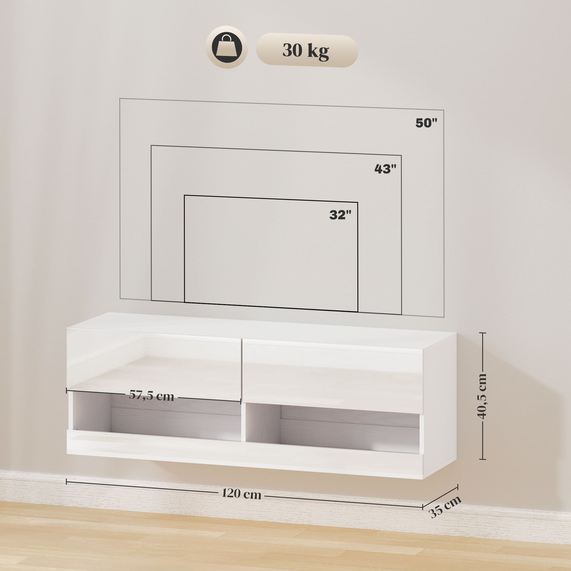 TV-Hängeschrank mit LED-Beleuchtung, 16 Blinkmodi, Wandmontierter TV-Schrank, Offene Regale