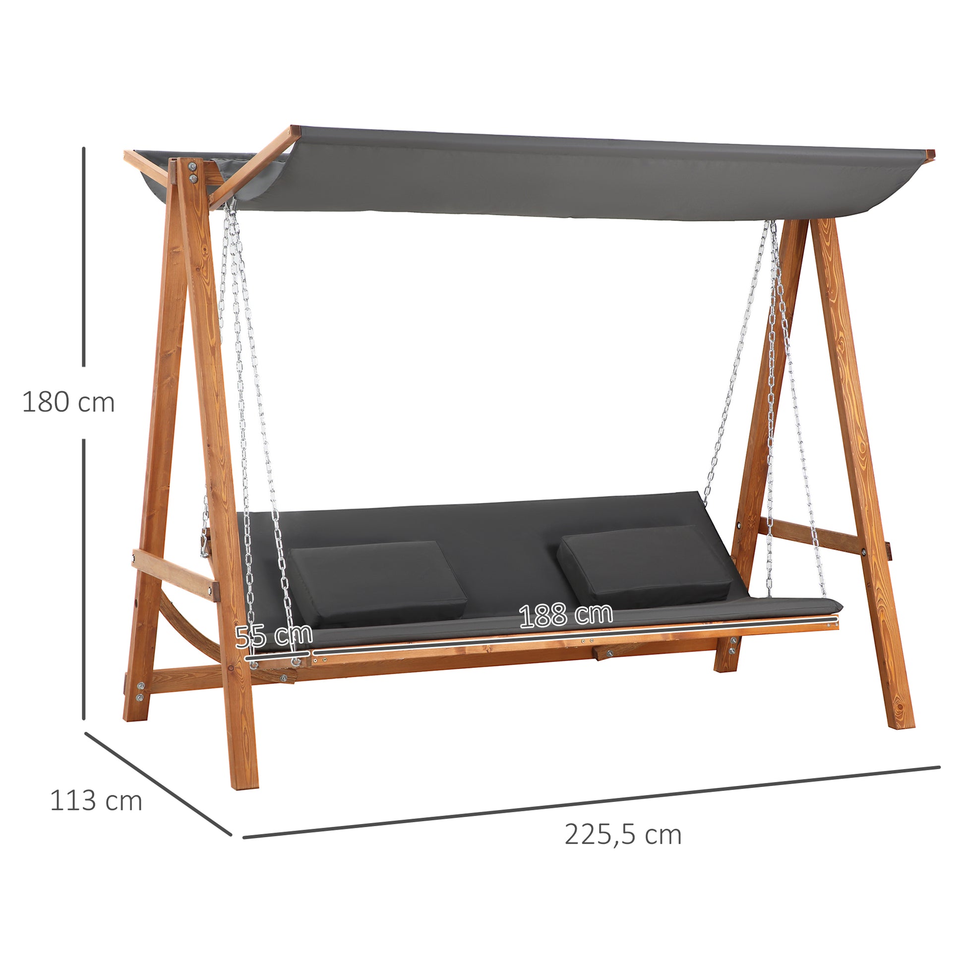 3-Sitzer Gartenschaukel mit verstellbarem Sonnendach Schaukelbank belast 250kg Grau+Teak