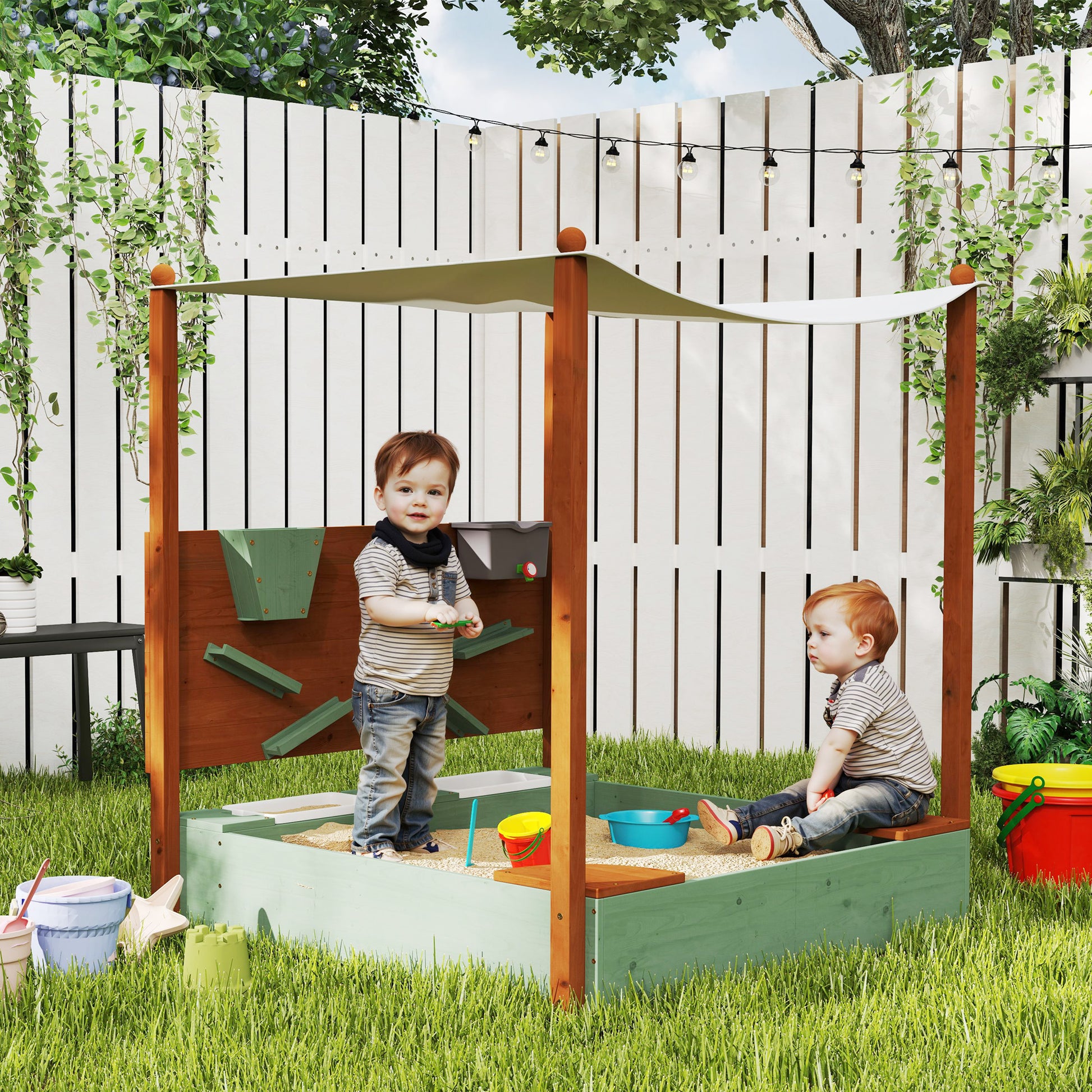 Sandkasten mit Sonnendach für Kinder, 2 Aufbewahrungsbehälter, 116L x 112,5B x 128H cm